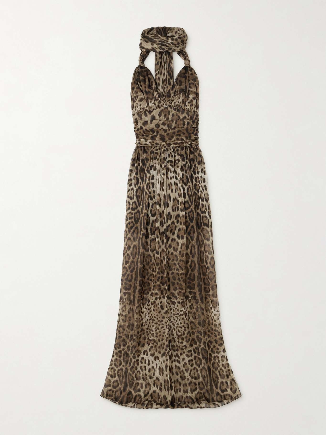 Scarf-detailed smocked leopard-print silk-chiffon gown - 1