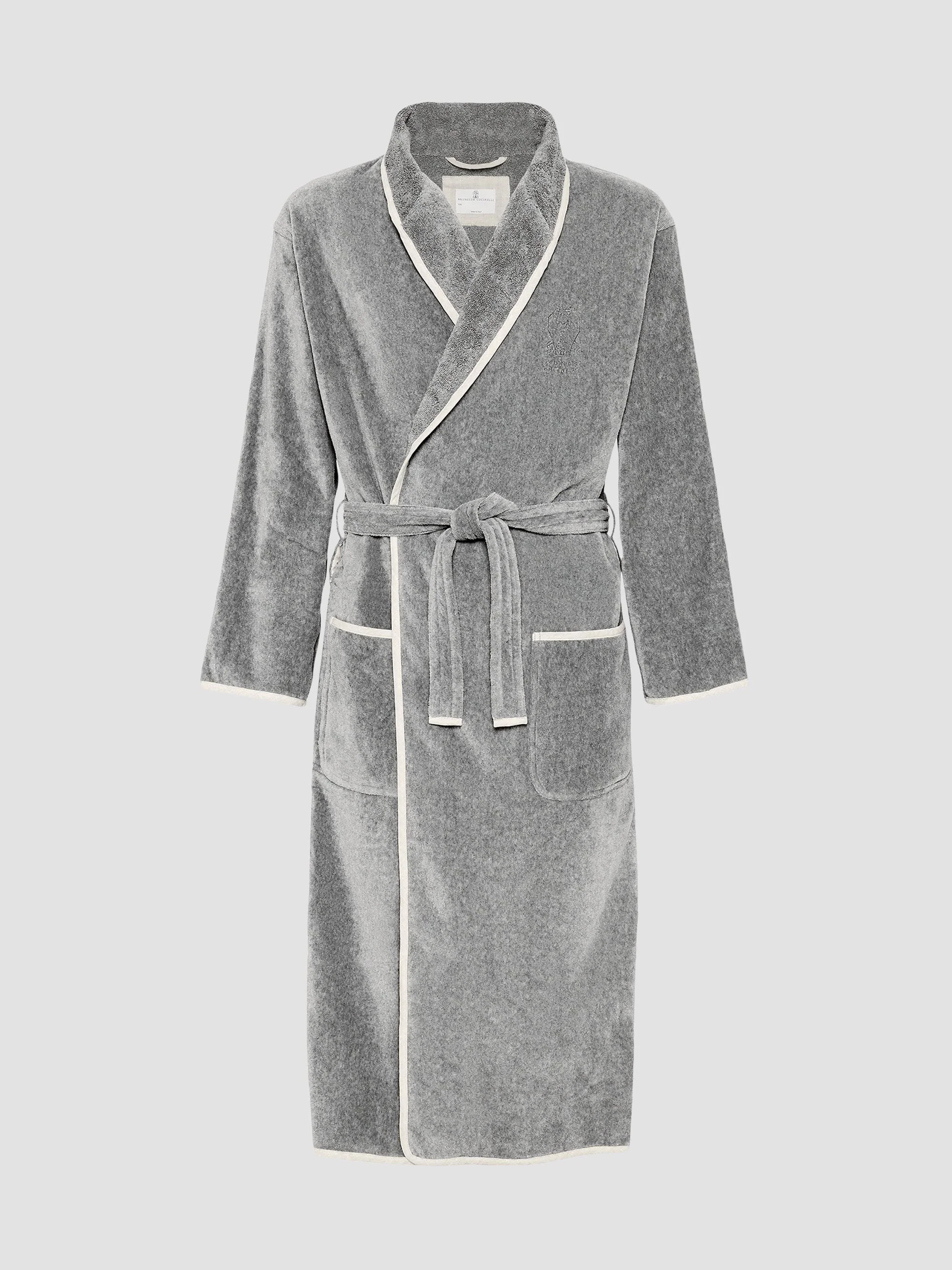 Women's Cotton Terrycloth Bathrobe with Linen Trims - Dark Grey - 1