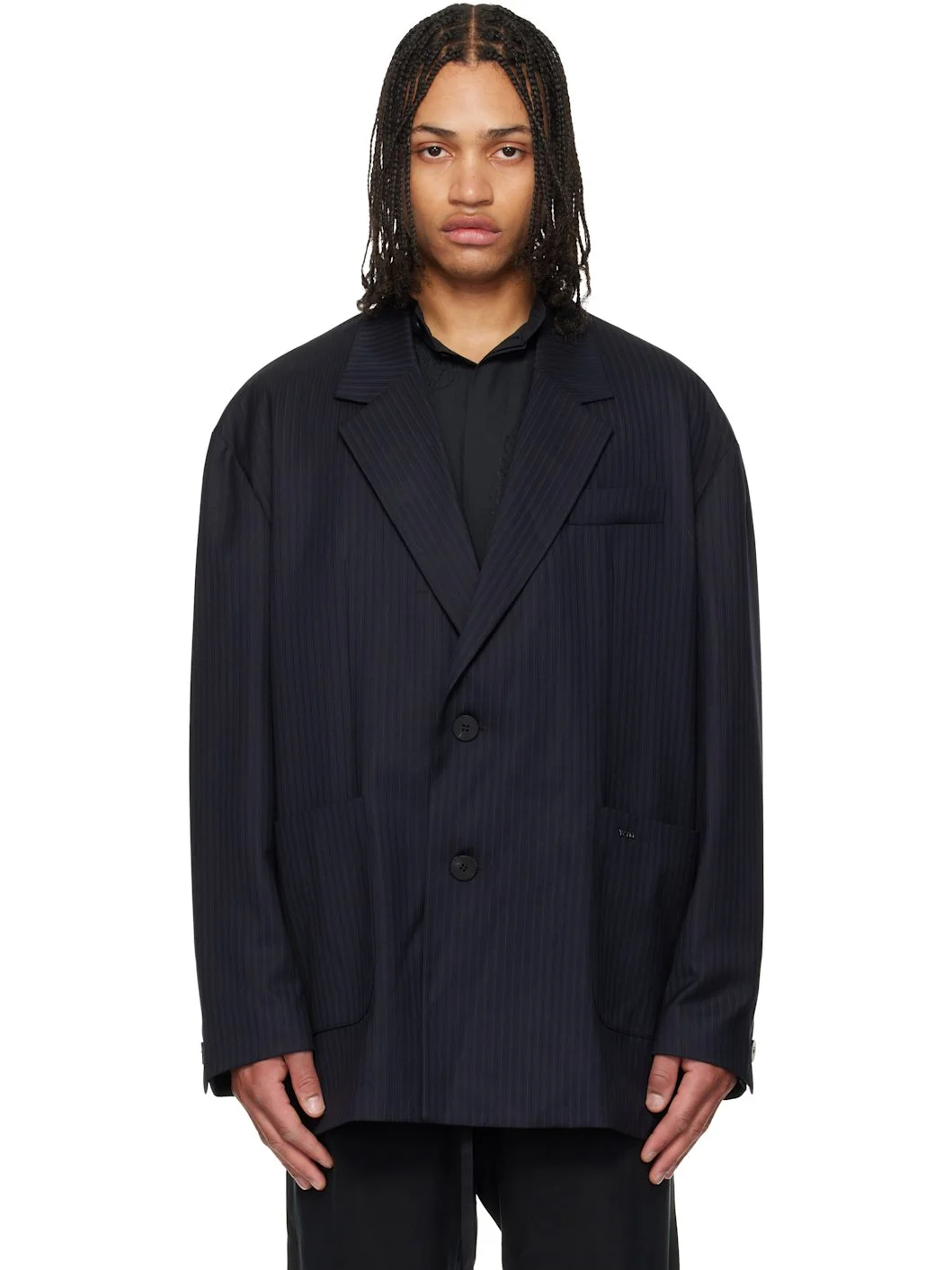 Navy Wool Stripe Wide Blazer - 1