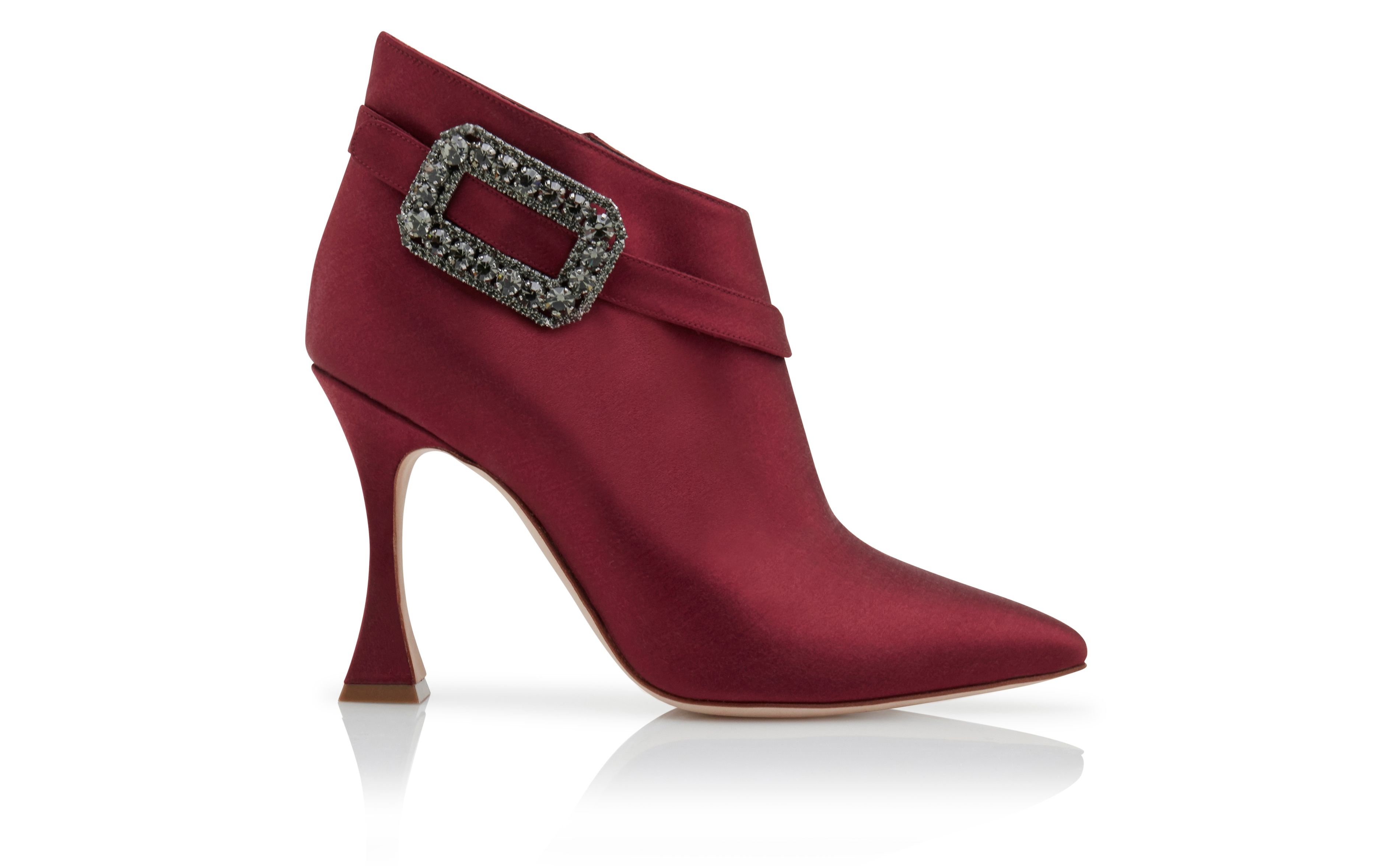 Dark Red Satin Crystal Buckle Ankle Boots - 1
