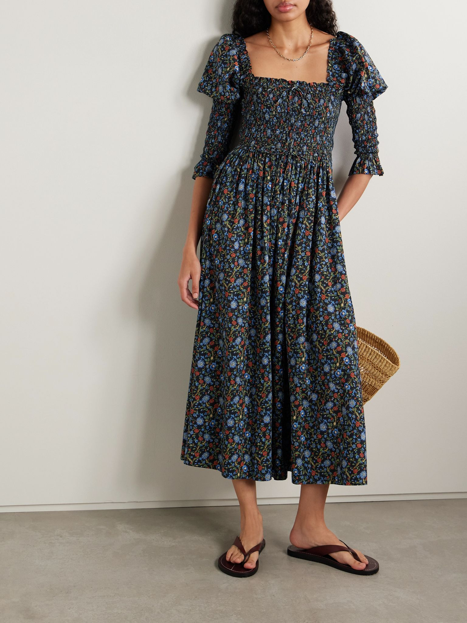 Bijou shirred floral-print organic cotton-voile midi dress Multi - 2