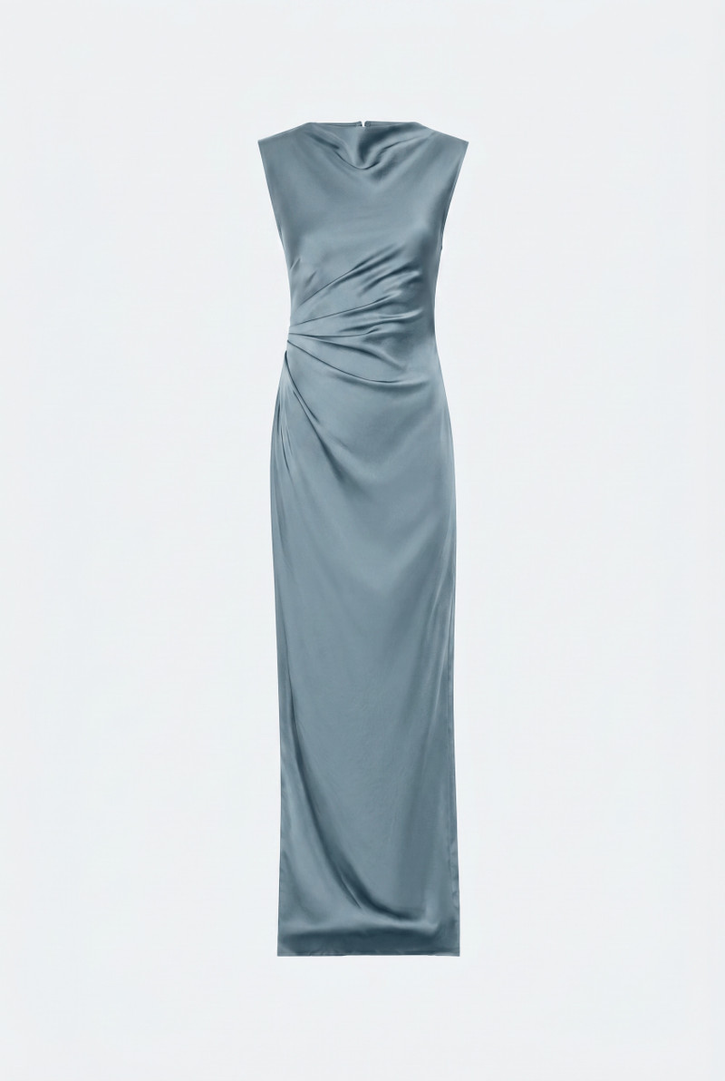 Lightweight Satin Ruched Gown With Slit 1