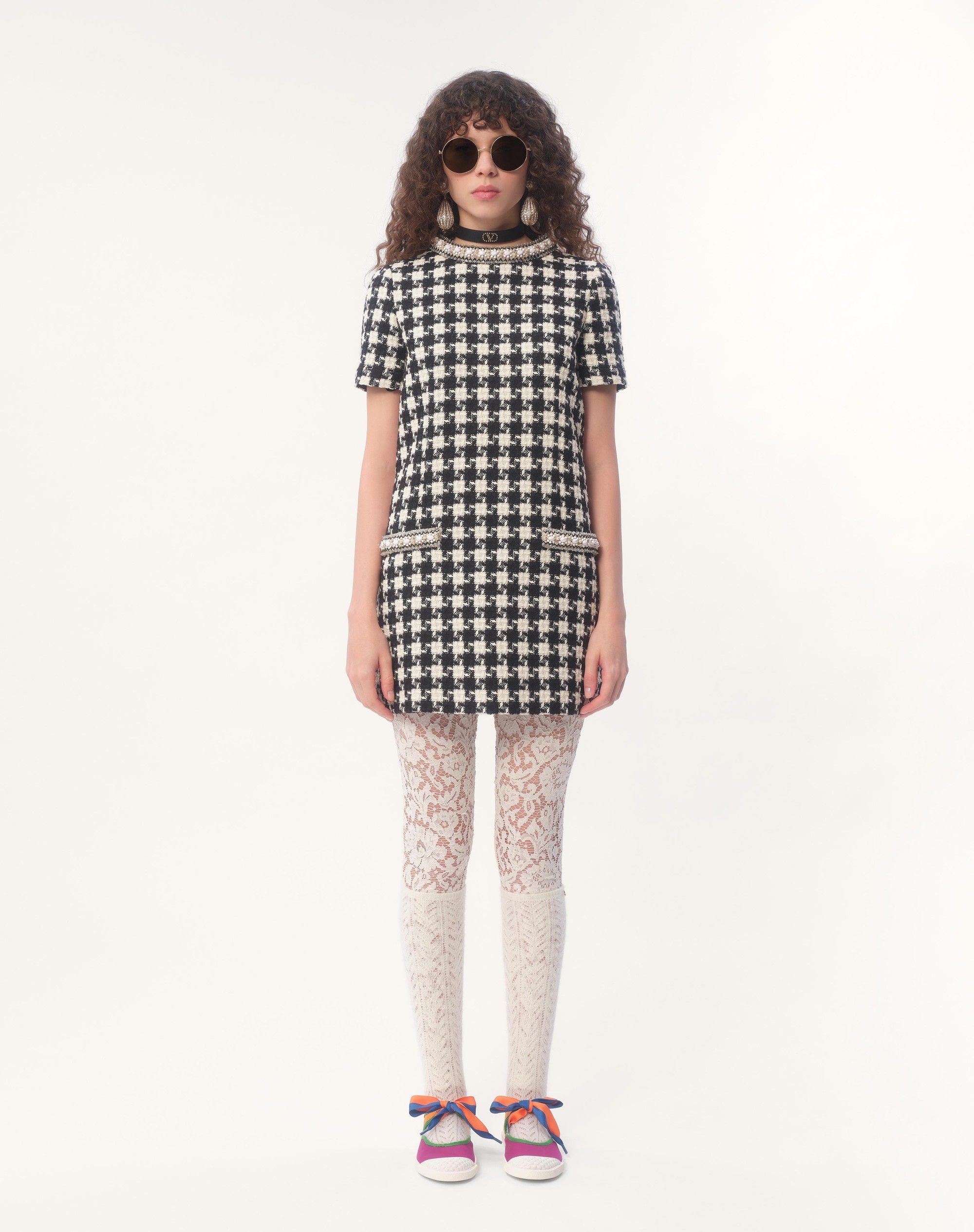 EMBROIDERED DAMIER LIGHT TWEED SHORT DRESS - 6