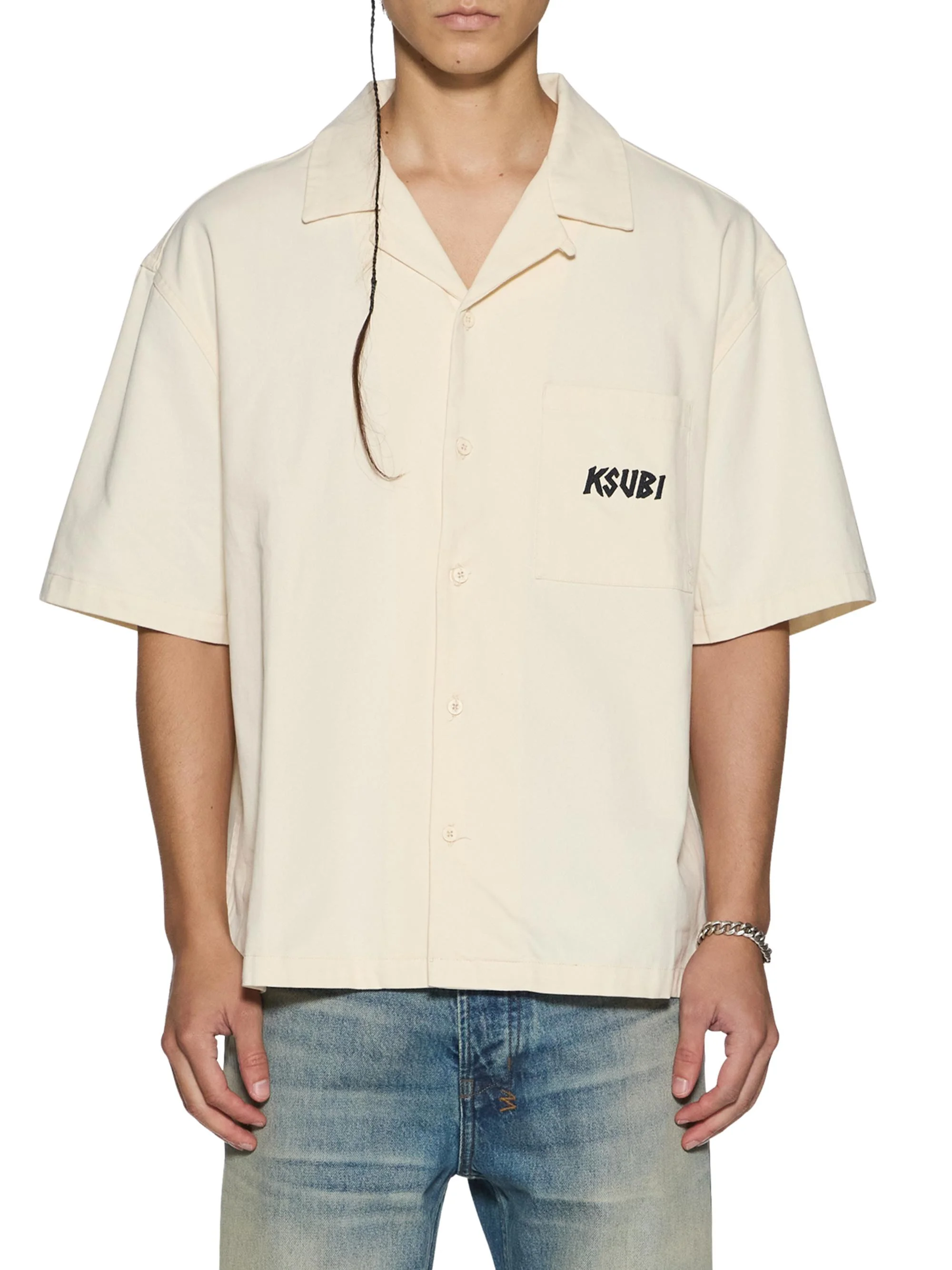 Men's Stay Up Logo Graphic Camp Shirt - Natural - 1