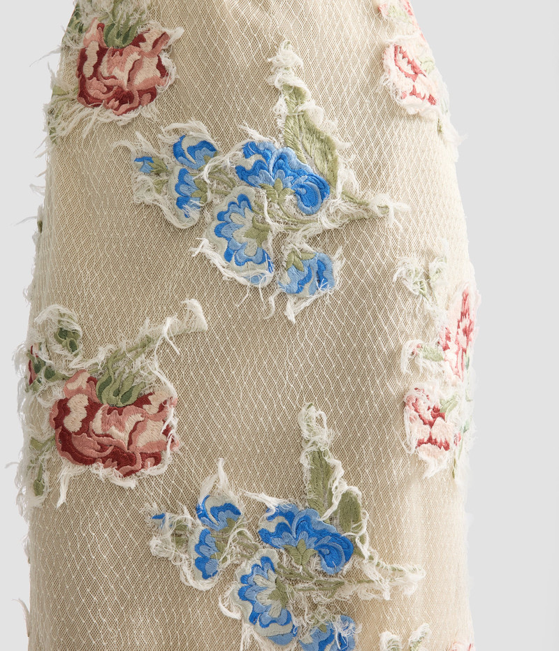 EMBROIDERED SHREDDED MESH PENCIL MIDI DRESS 6