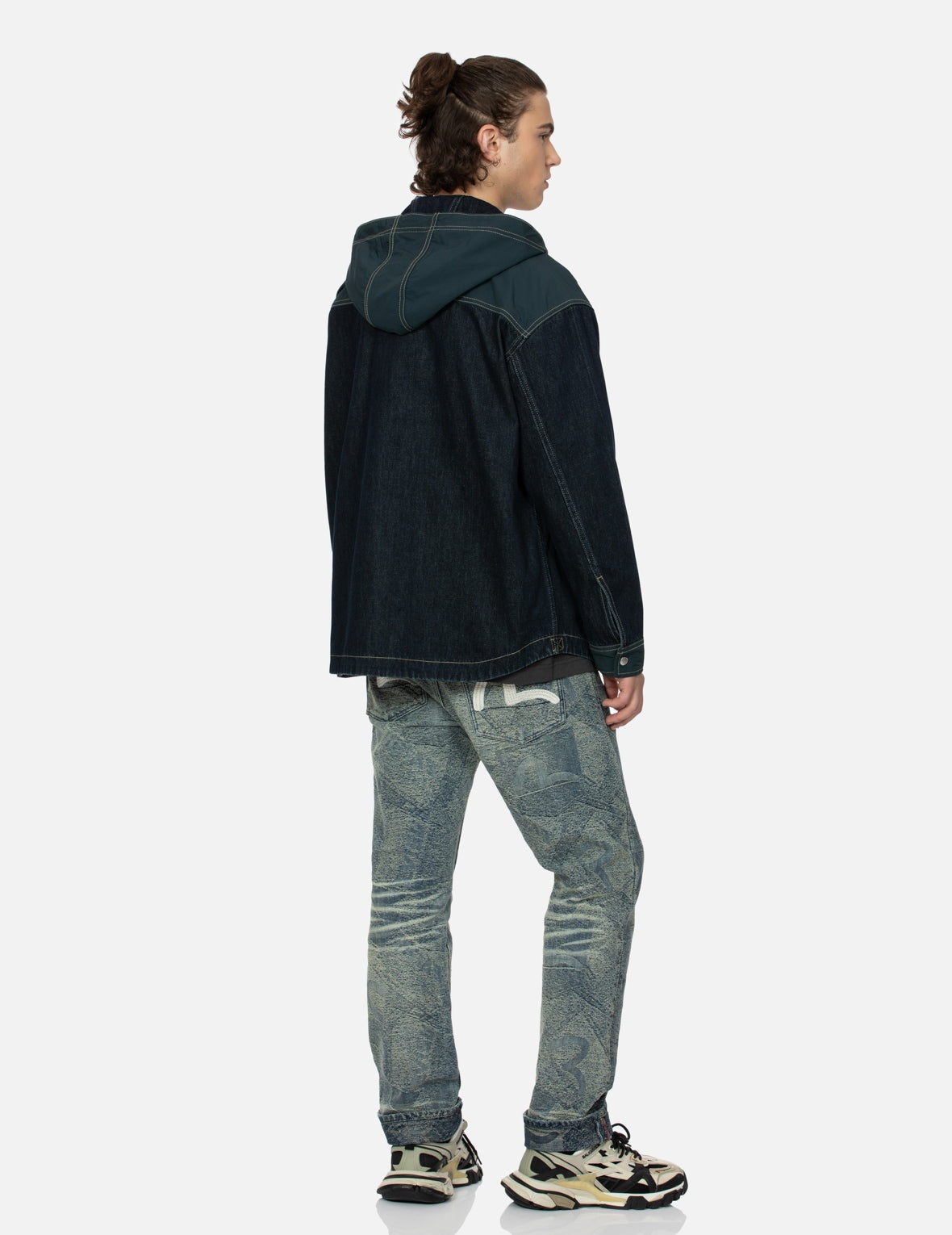 Logo Print Loose Fit Hooded Denim Shirt Jacket - 4