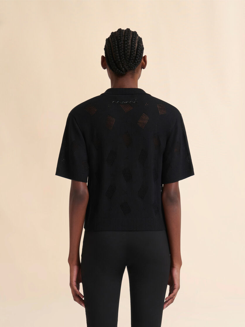 BLACK WOOL-SILK KNIT OPENWORK SHIRT - 3