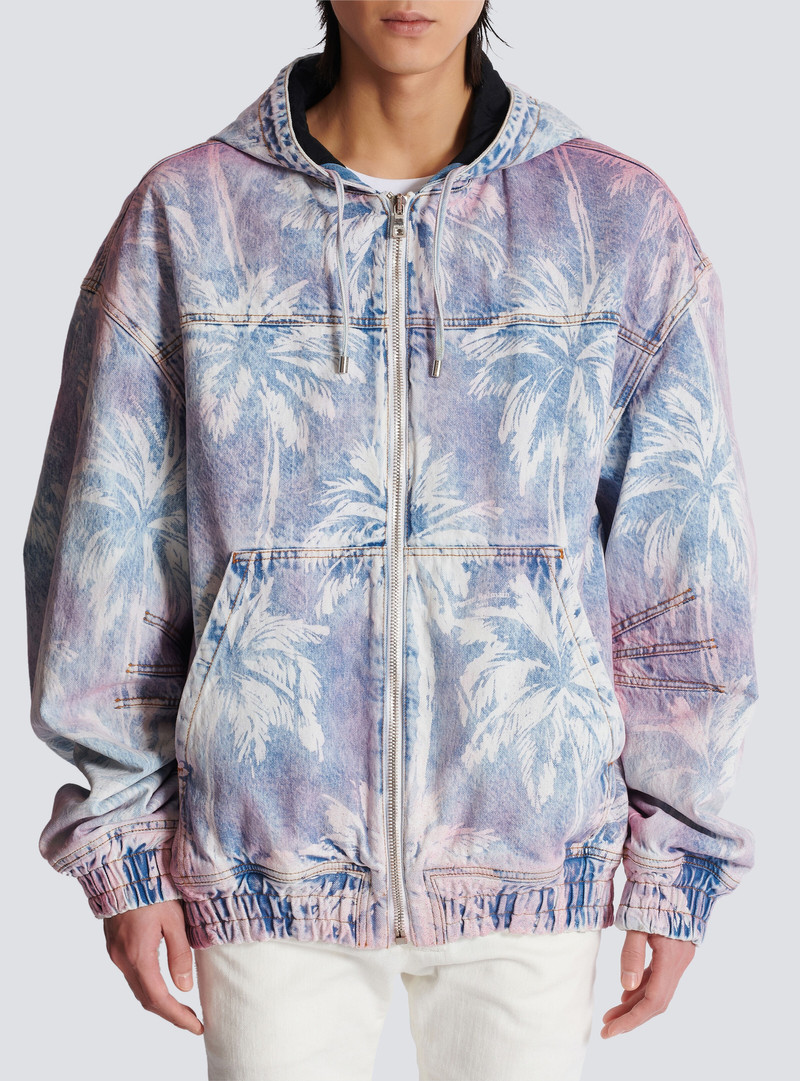Denim hooded bomber jacket with palm tree print 5