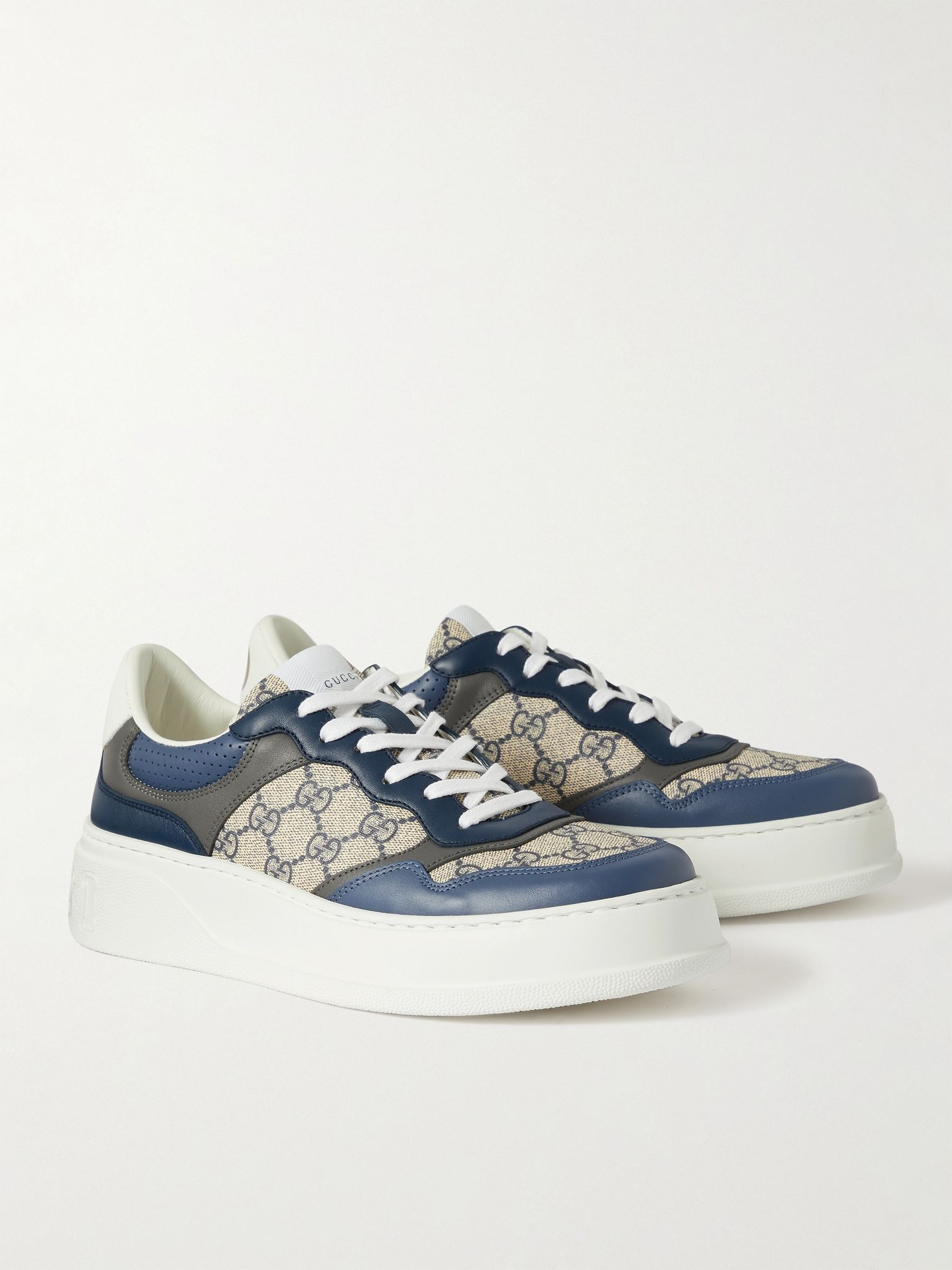 Monogrammed Coated-Canvas and Leather Sneakers Blue - 2