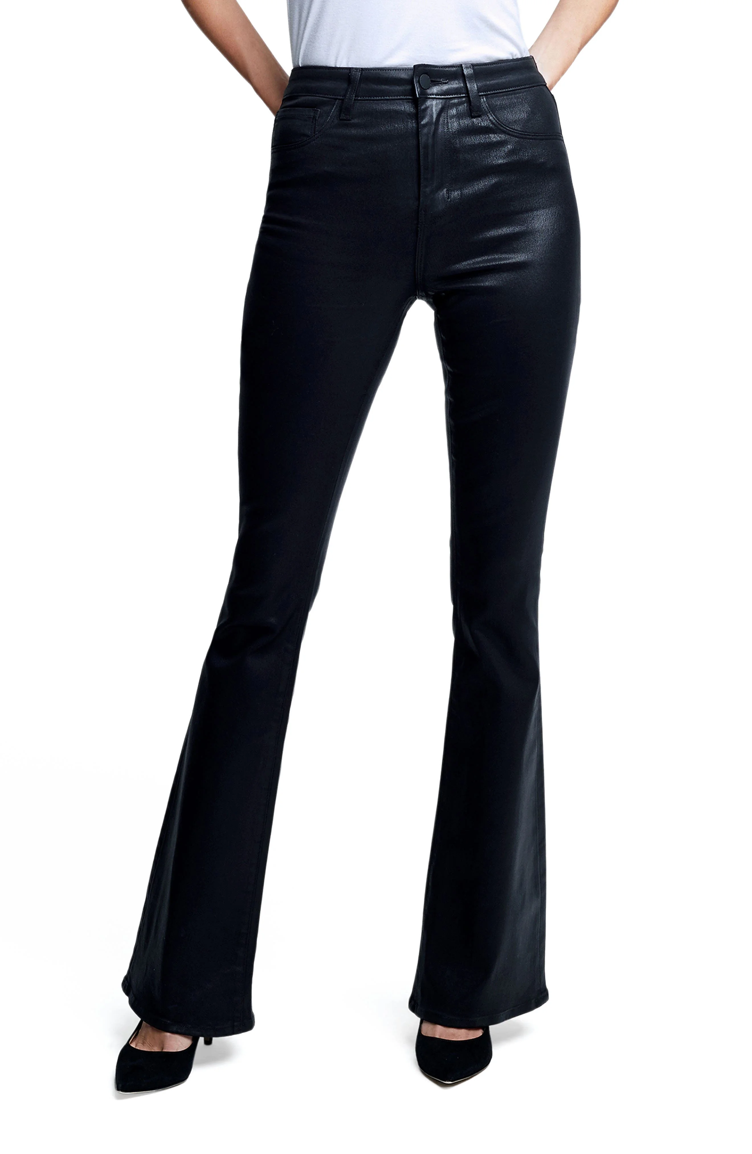 L'AGENCE Marty Coated High Waist Flare Leg Jeans in Noir Coated at Nordstrom - 1