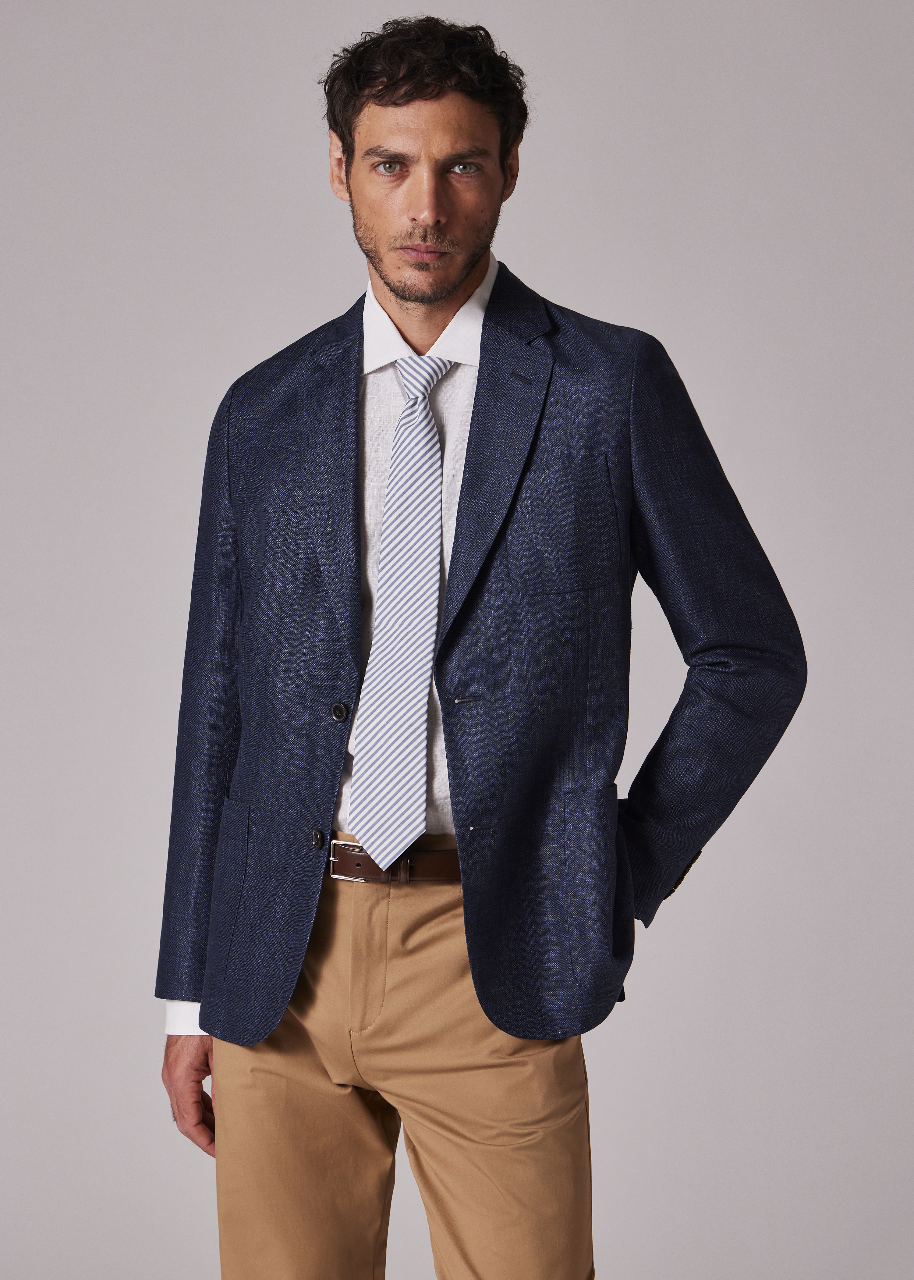 Navy Blue Wool-Linen Unlined Blazer - 5