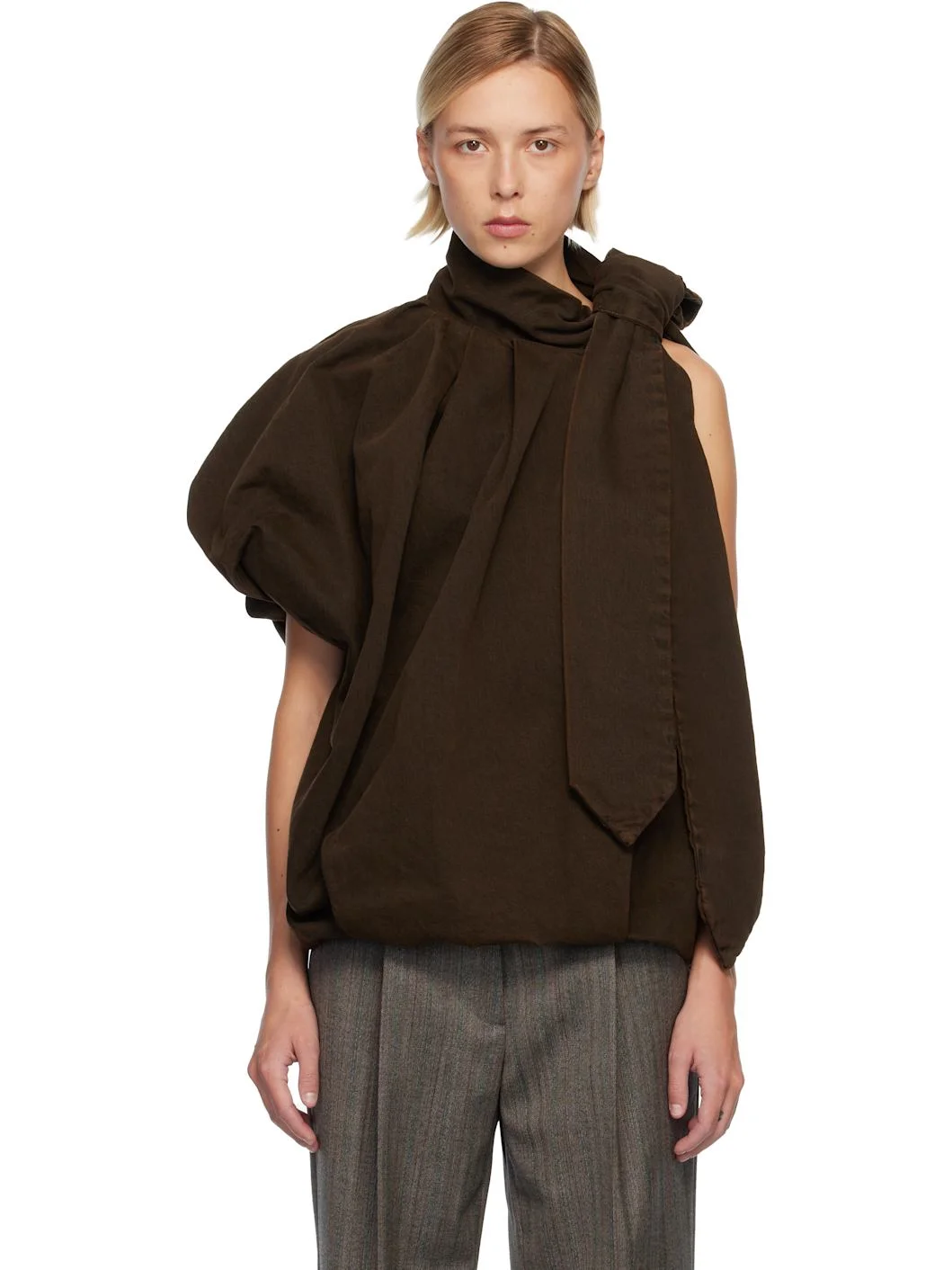 Brown Draped Denim Blouse - 1