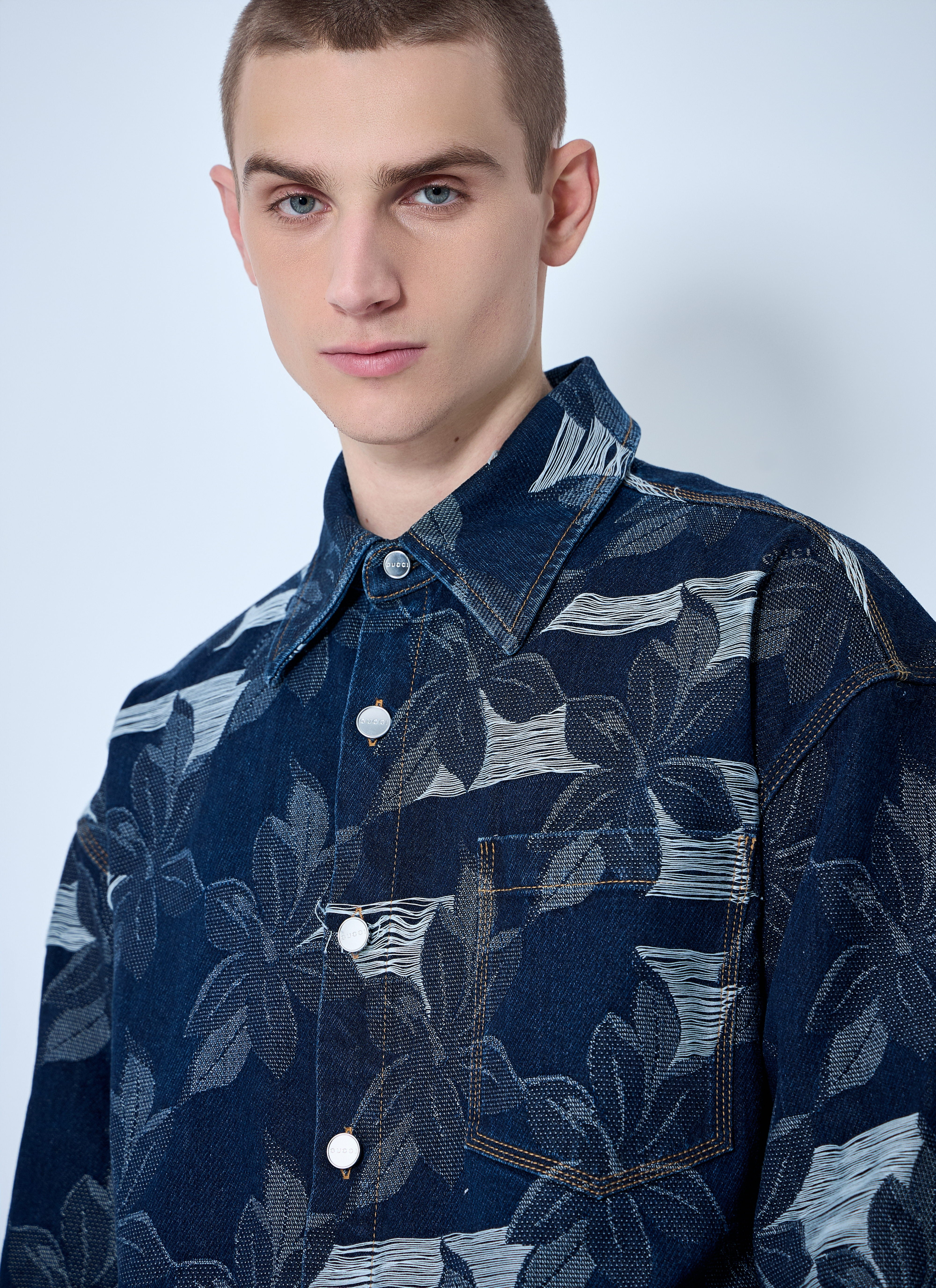 Gucci Men Floral Jacquared Denim Shirt - 6