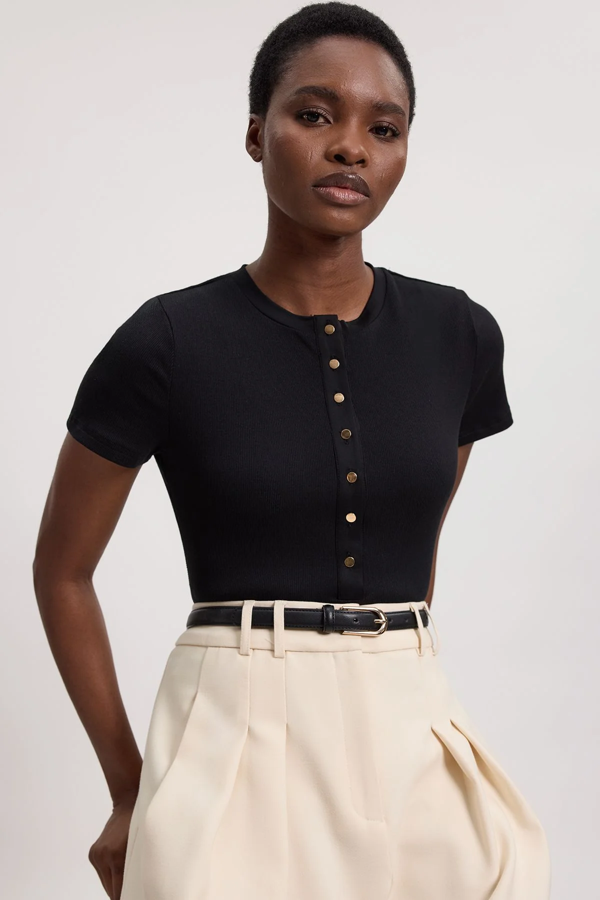 Viscose Rib Button Up Crew Neck Tshirt - 1