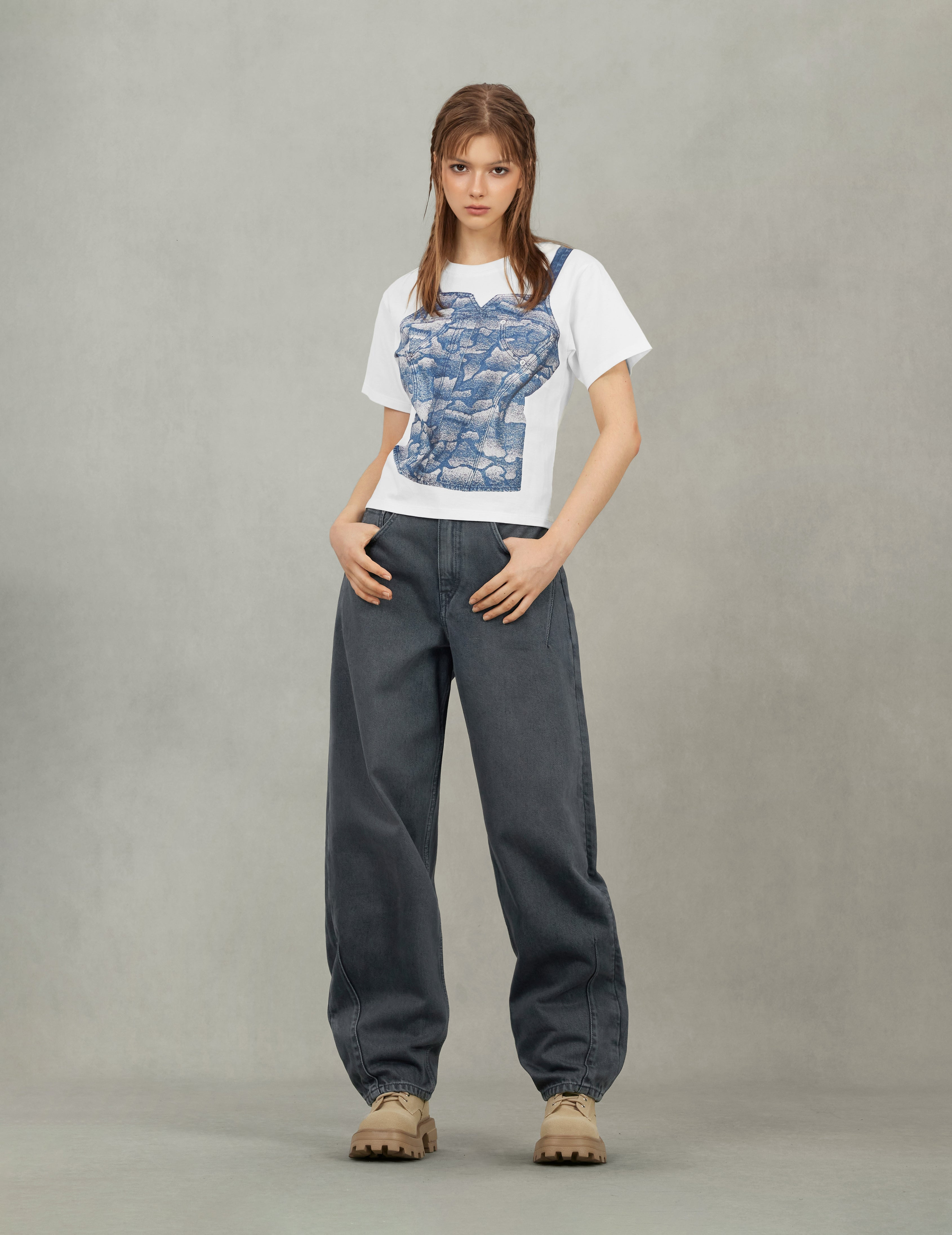 2-in-1 Ishigaki Camouflage Denim Corset Print Fashion Fit T-Shirt - 7