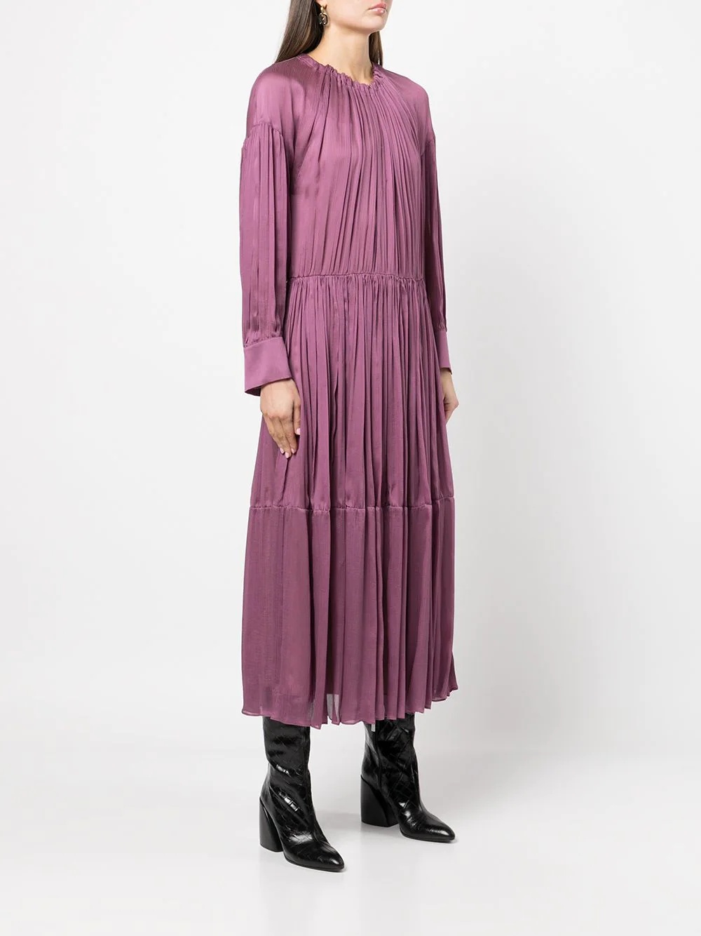 shirred-neck long-sleeved dress - 3