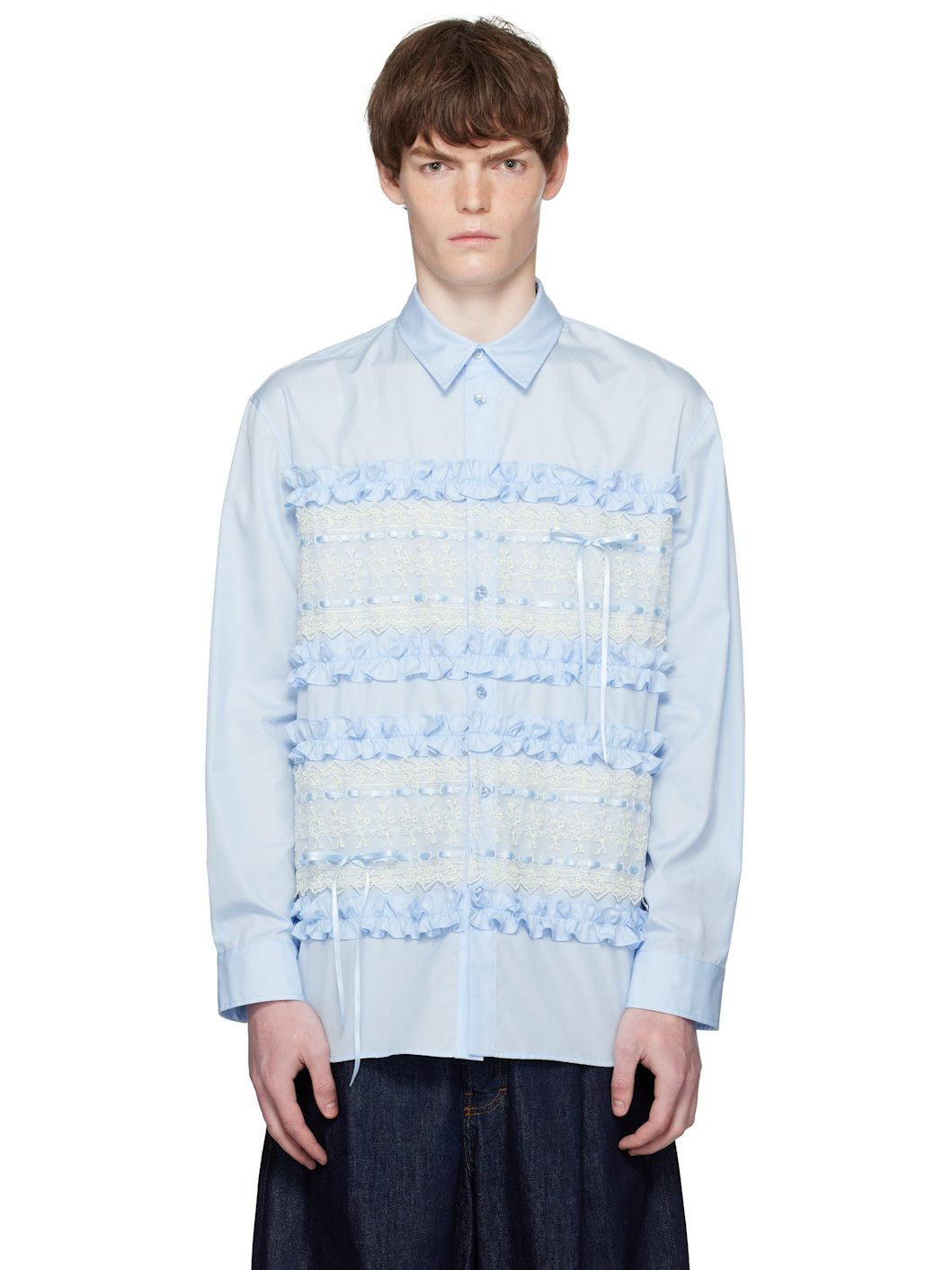 Blue Lace Ribbon Trim Easy Shirt - 1