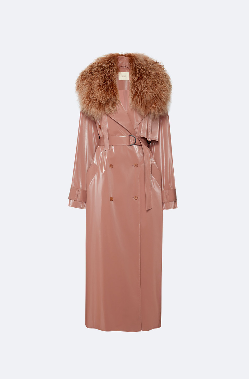 Vinyl Double Breasted Trench With Shearling Collar 1