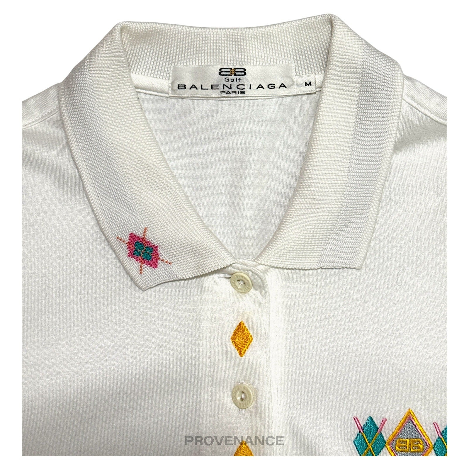 Balenciaga Golf Polo Shirt - White Embroidered Checker M - 3