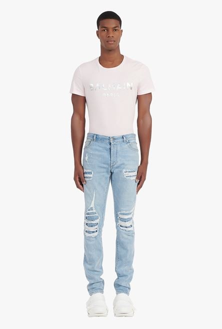 Slim cut ripped light blue denim cotton jeans - 4