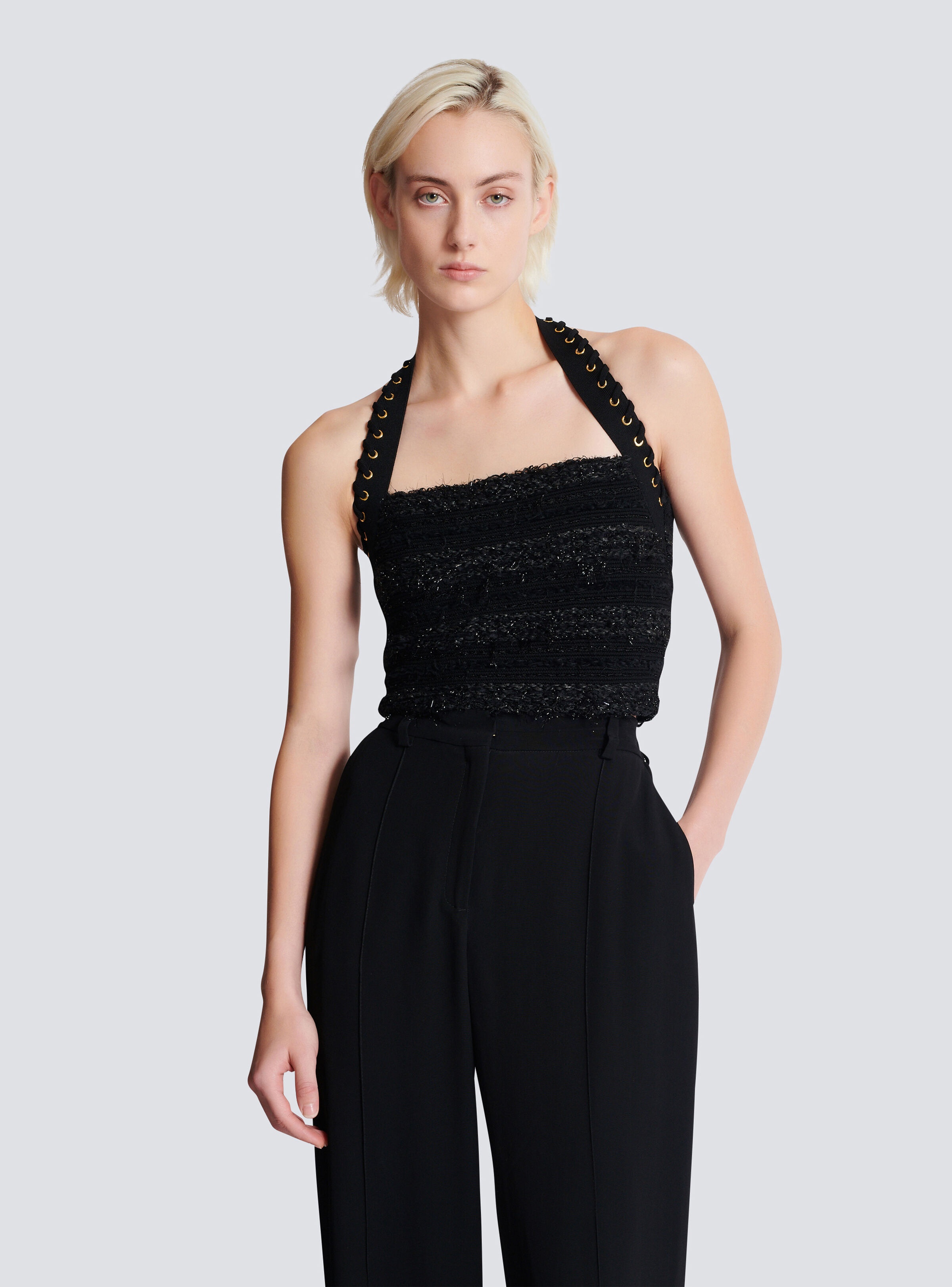 Halterneck top in tweed-effect knit - 7