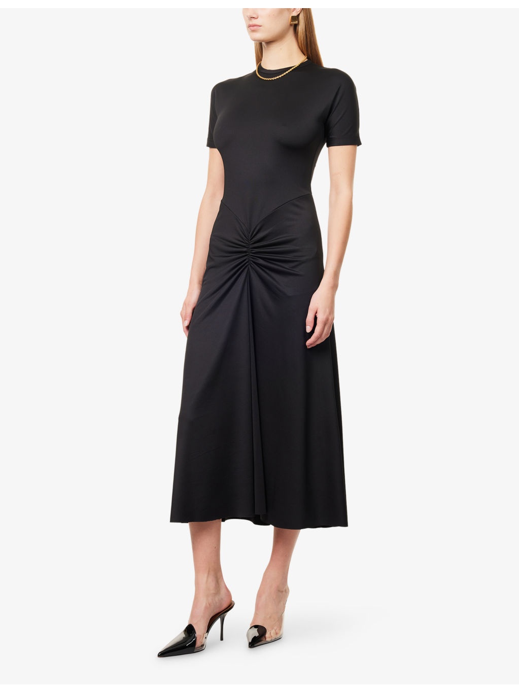 Gathered Short-Sleeve Stretch-Woven Midi Dress - 3