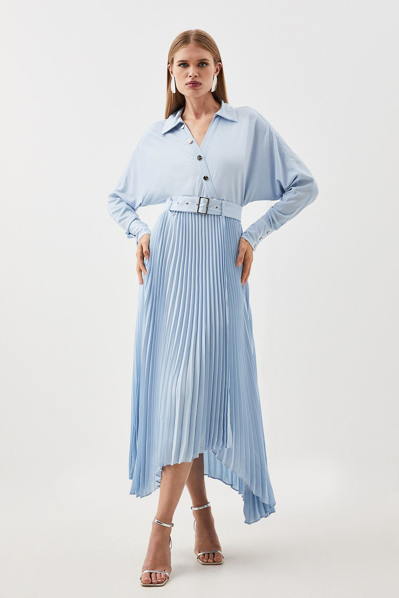 Jersey And Georgette Mix Belted Pleat Midi Dress 1