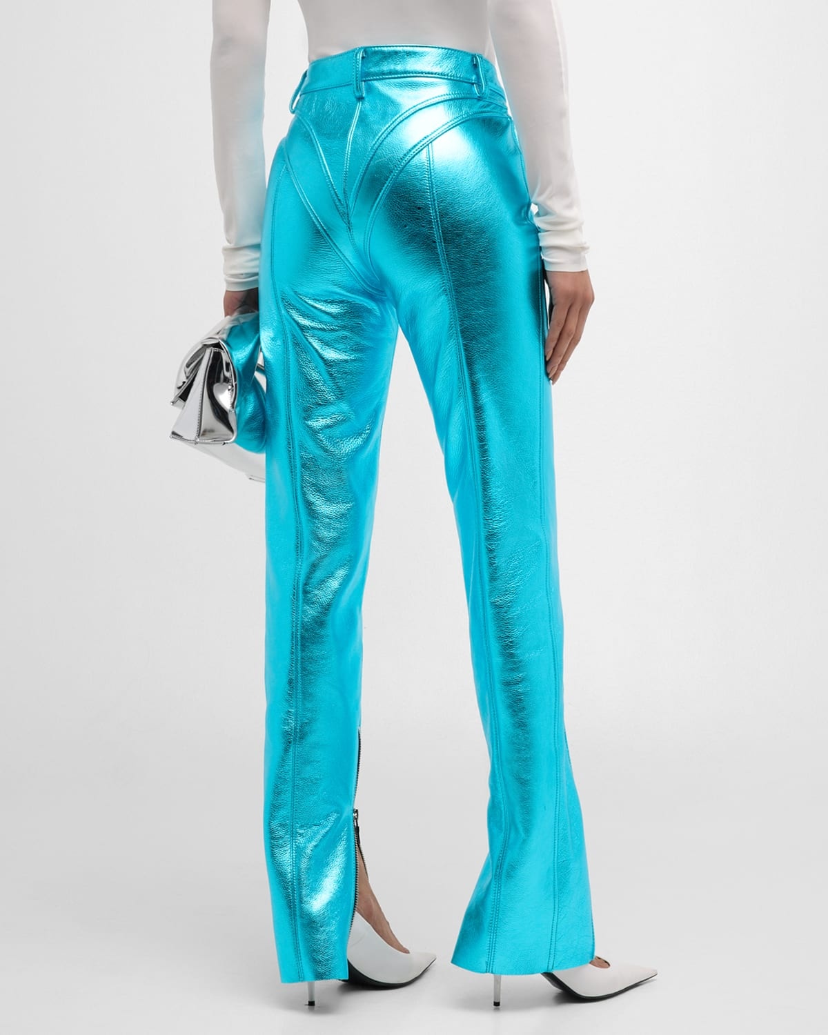 Metallic Leather Chap-Paneled Tapered-Leg Zip-Hem Pants - 6