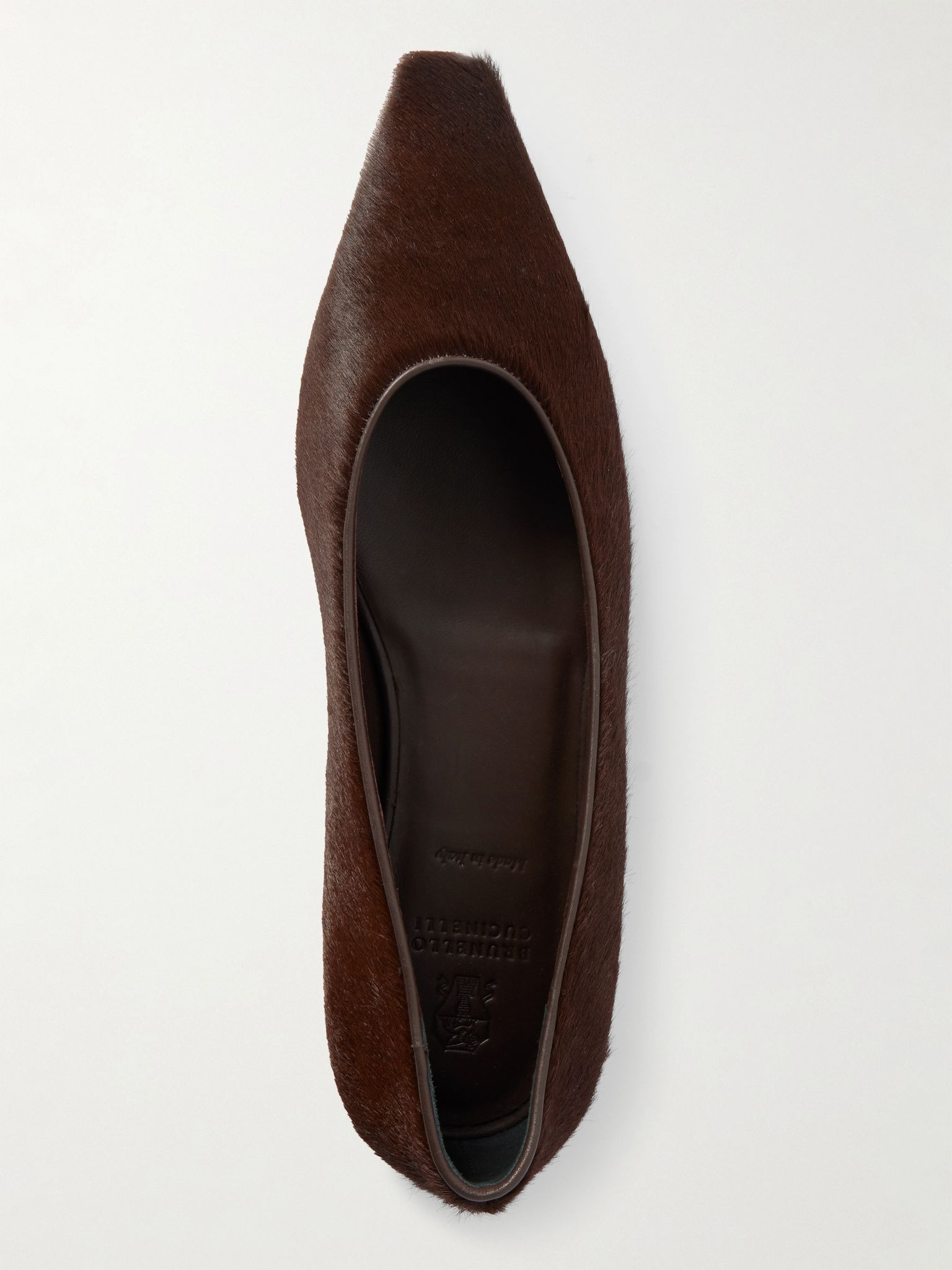 Leather-trimmed calf hair point-toe flats Dark brown - 4