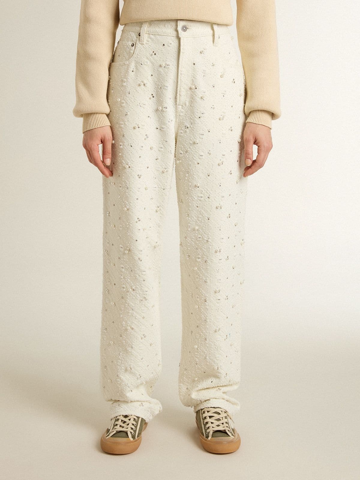 Women's white denim pants with beading and crystals - 2