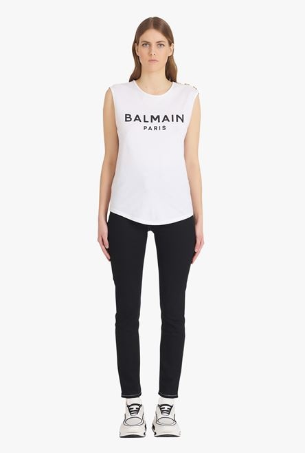 White eco-designed cotton T-shirt with flocked black Balmain logo - 4