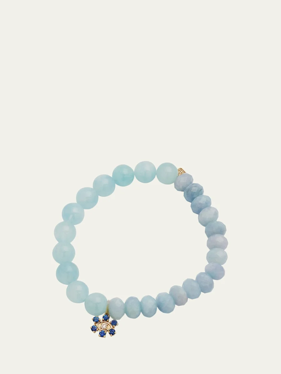 Aqua Beaded Bracelet with Sapphire & Diamond Flower Charm - 1