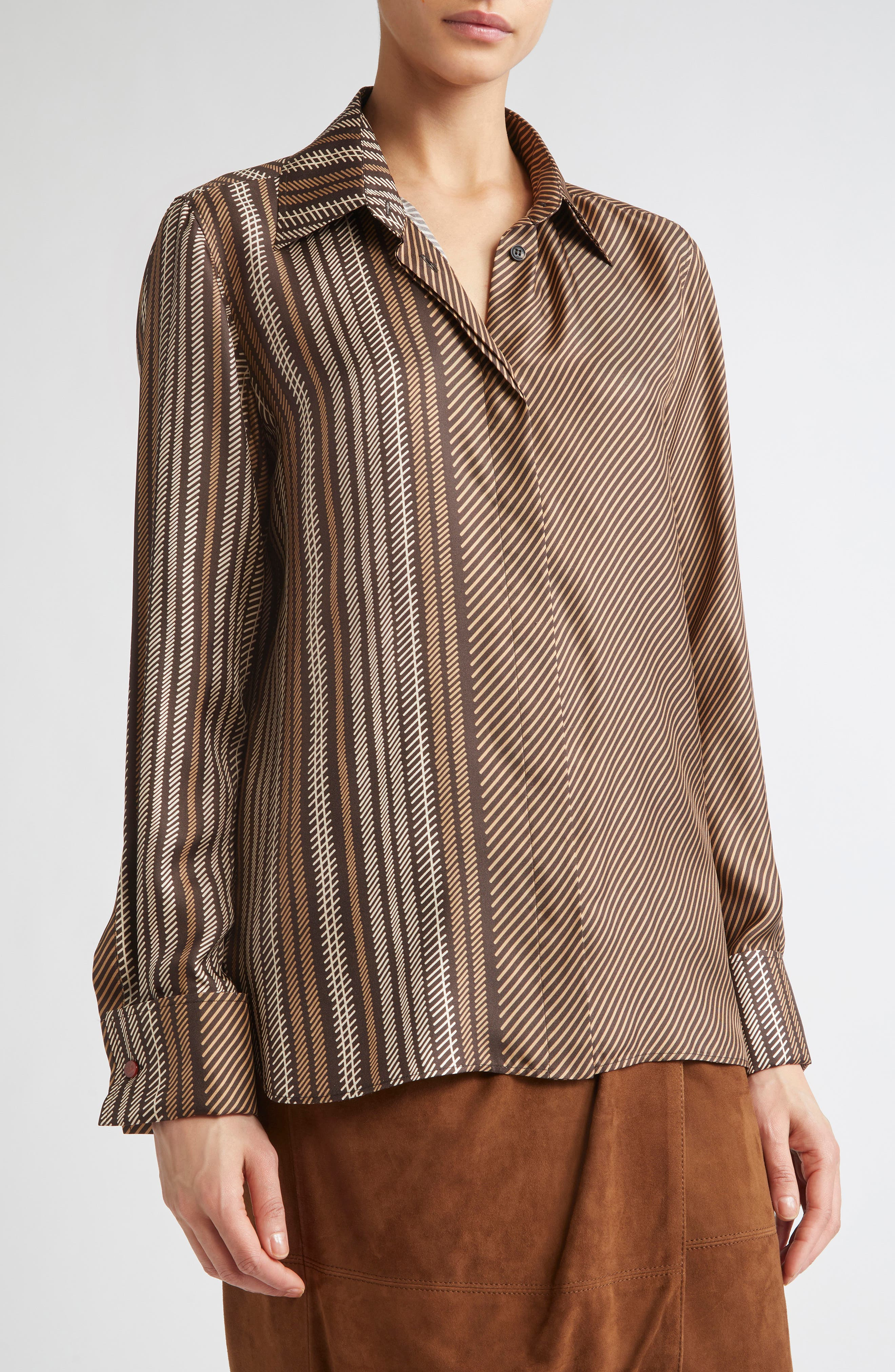 Max Mara Shaker Stripe Silk Top in Chocolate at Nordstrom - 5