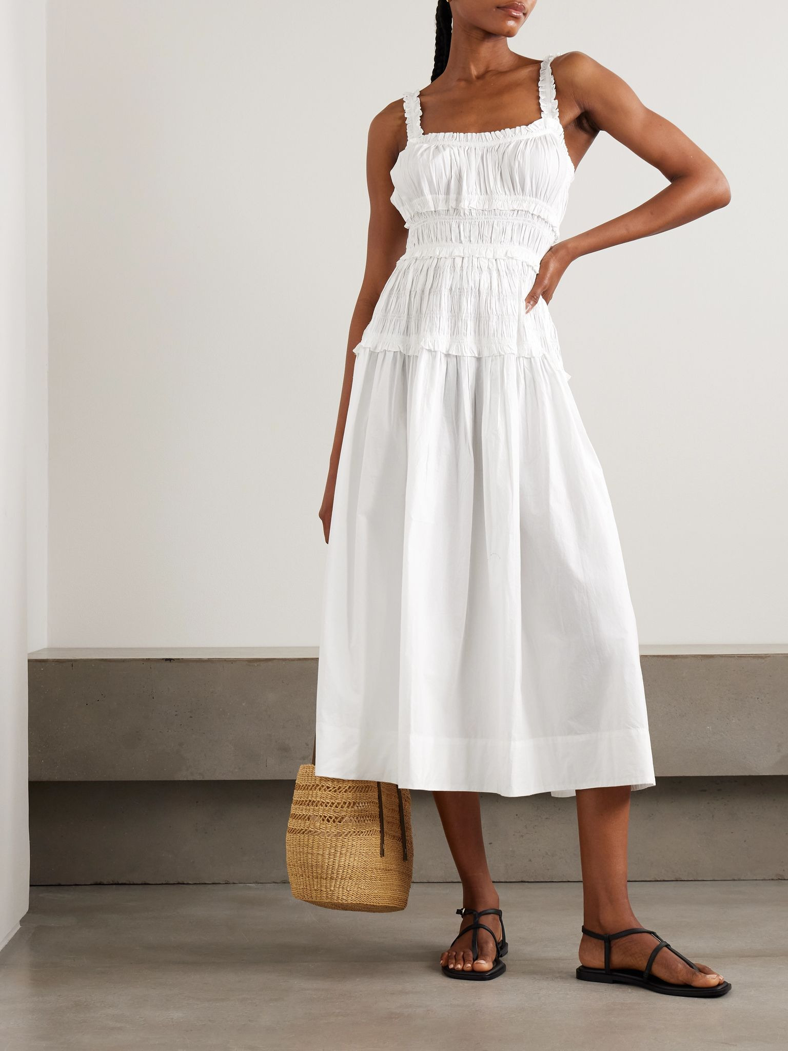 Marianne shirred organic cotton-poplin midi dress White - 2