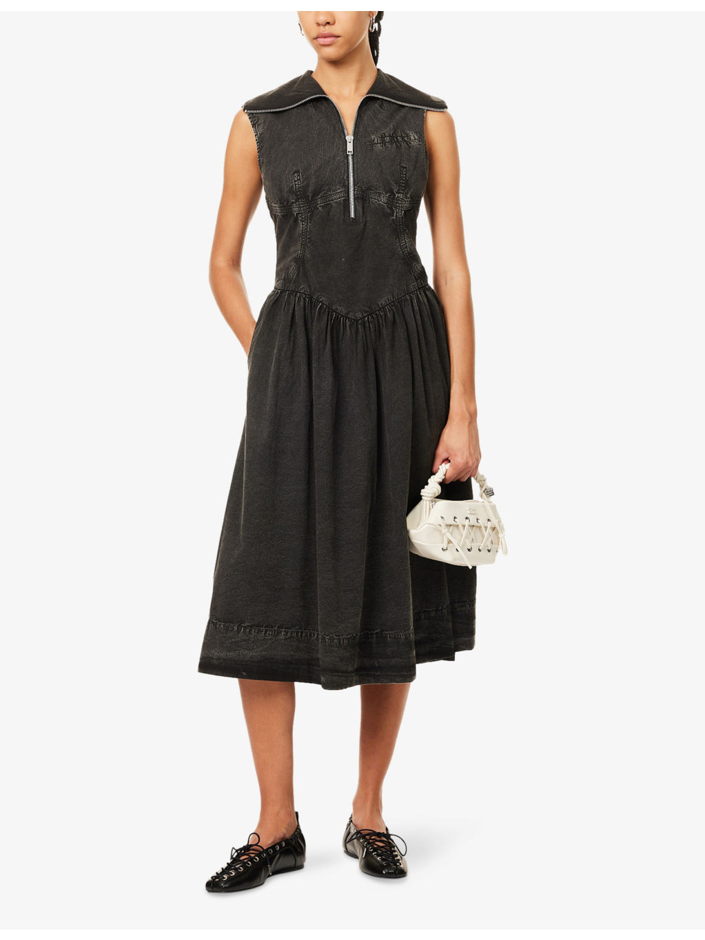 Zip-Up Sleeveless Cotton Midi Dress - 2