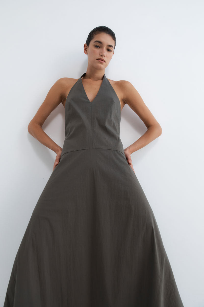 Halter Plunge Dress - Khaki - 8