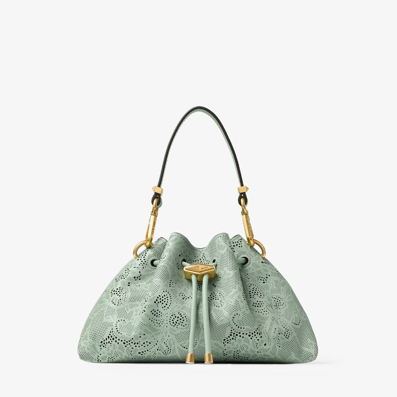 Cinch Small Verde Jimmy Choo Perforated Leather Lace Bucket Bag 1