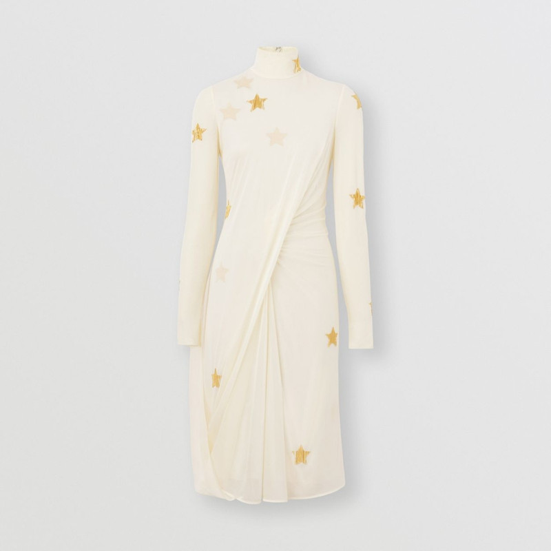 Long-sleeve 스타 Motif Gathered 실크 비스코스 드레스 - 1
