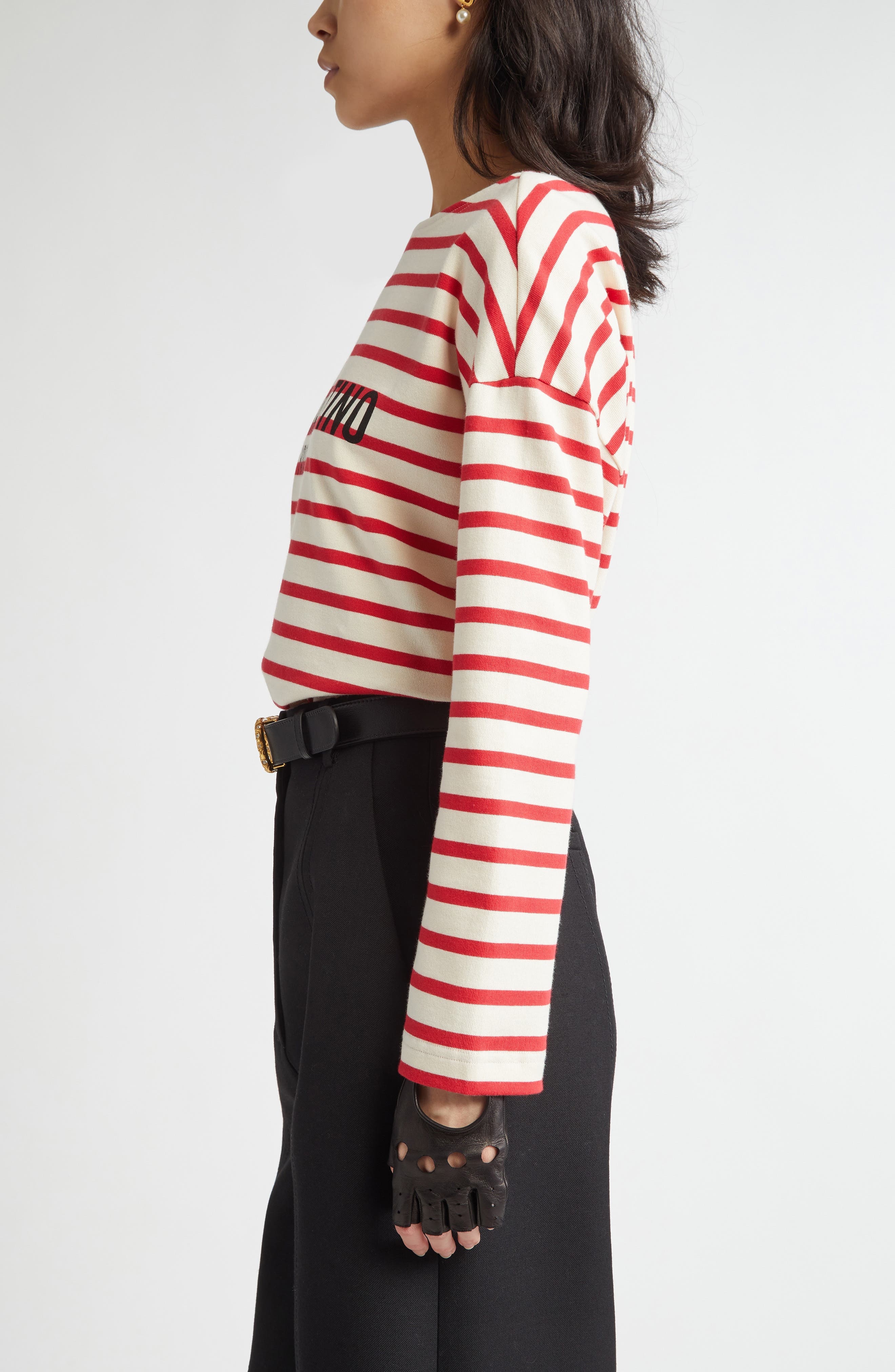 Valentino Garavani Stripe Logo Long Sleeve Cotton T-Shirt in Avorio/rosso at Nordstrom - 4