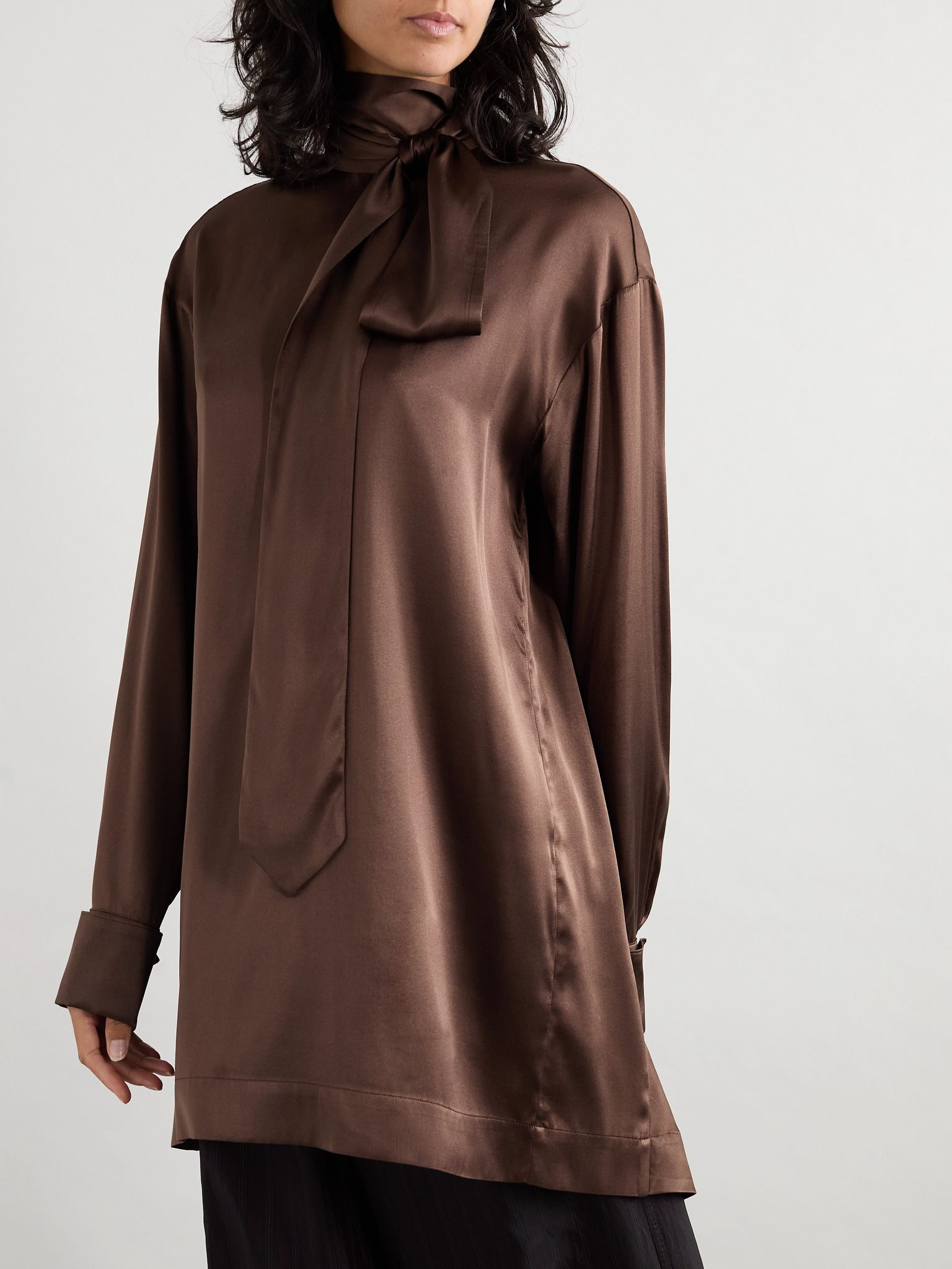Pussy-bow silk-blend satin blouse Brown - 3