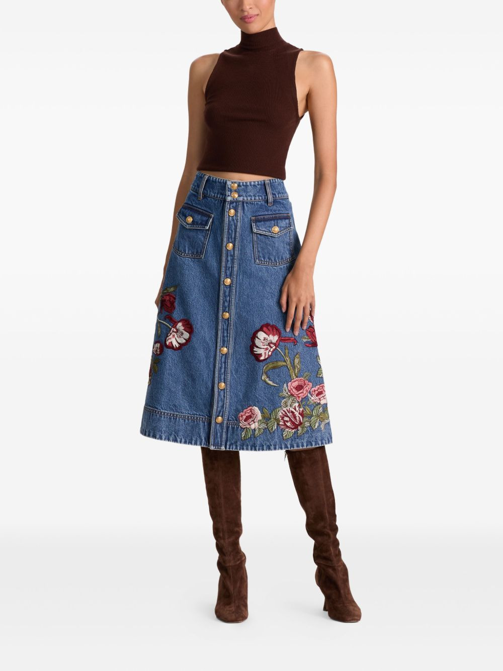 Dahlia floral-embroidered denim skirt - 2