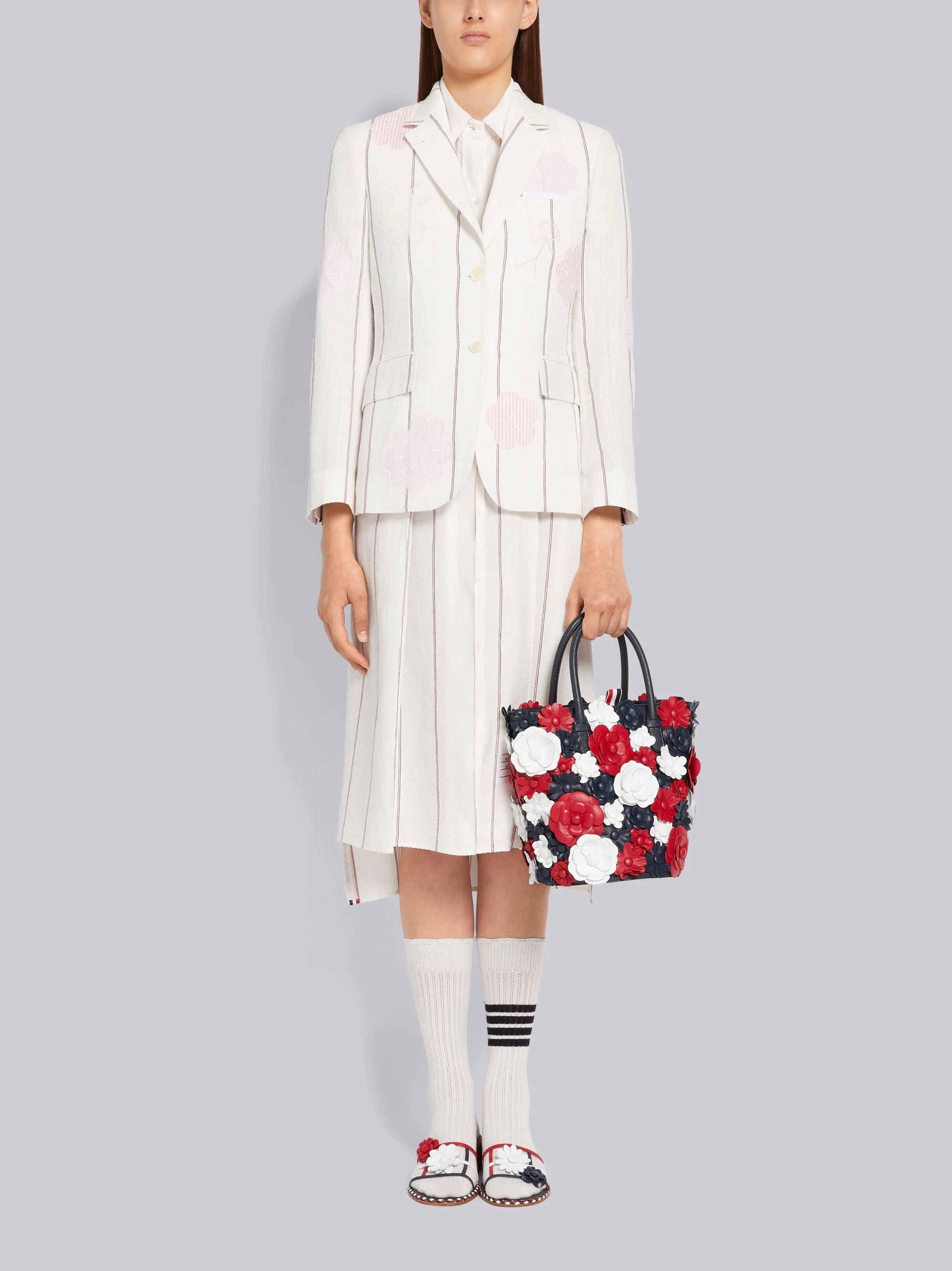 Light Pink Pinstripe Seersucker Linen Inverted Pleat Below The Knee Short Sleeve Shirtdress - 4
