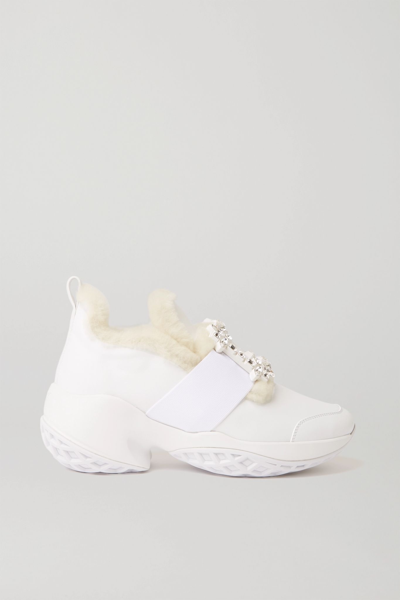 Viv' Run crystal-embellished shearling-trimmed leather sneakers - 1