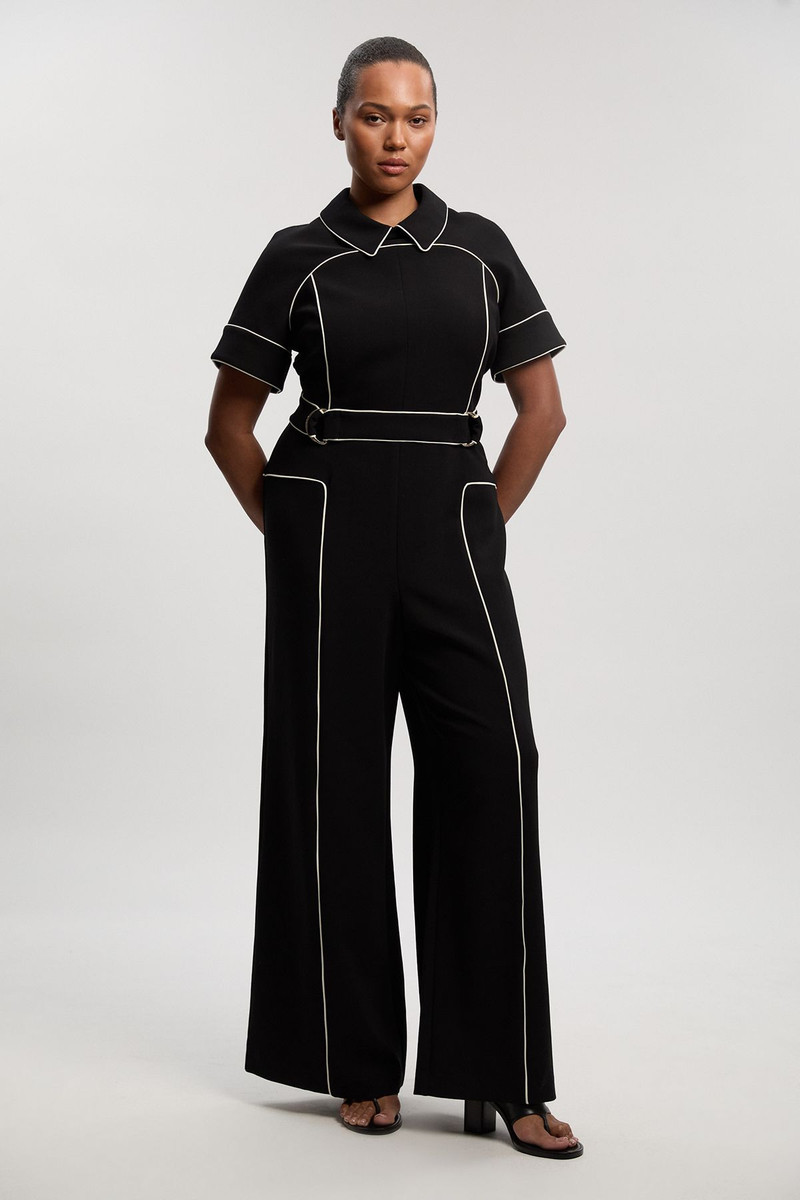 Plus Size Compact Stretch Contrast Tipped Tab Detail Tailored Jumpsuit 1