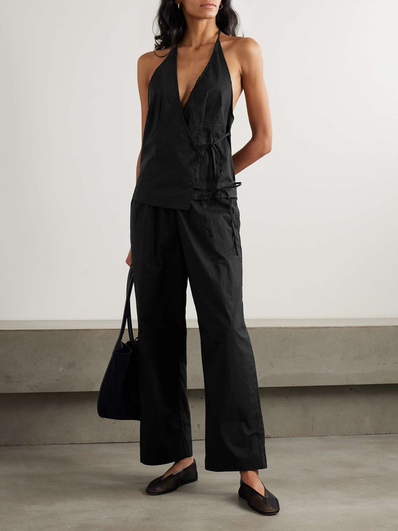 DEIJI STUDIOS Wrap-effect organic cotton-poplin halterneck top Black outlook