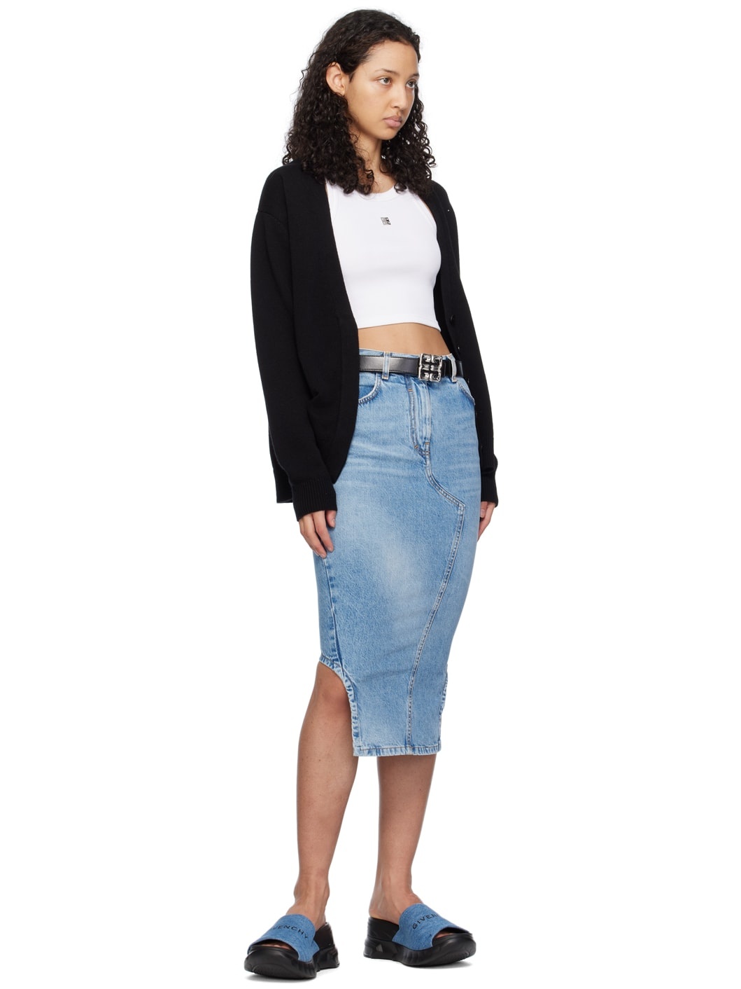 Blue Asymmetric Denim Midi Skirt - 4