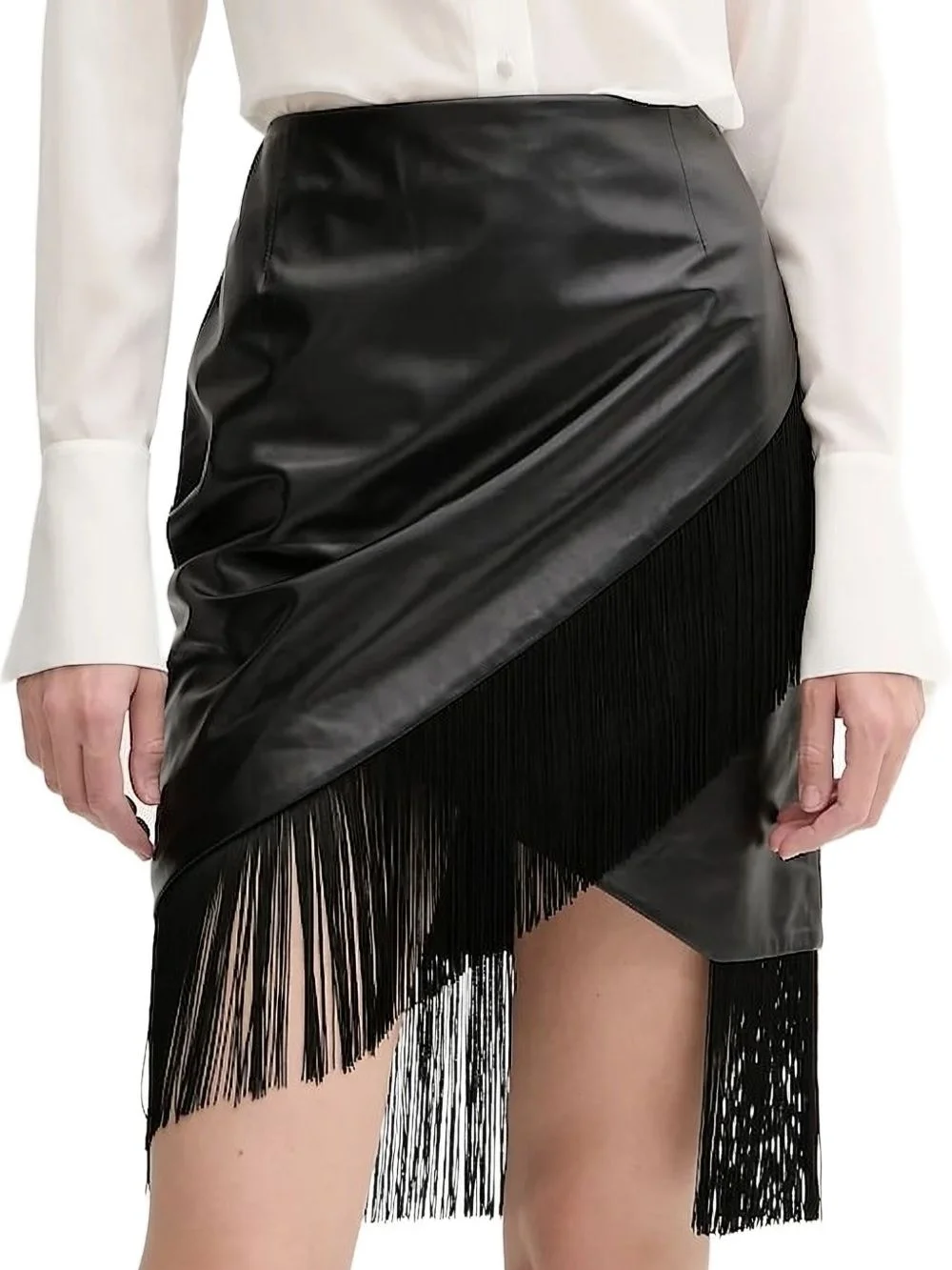 leather fringe asymmetric midi skirt - 1