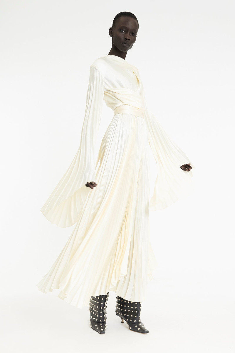 A.W.A.K.E. MODE WRAP AROUND MAXI DRESS WITH PLEATED SKIRT AND SLEEVES IVORY outlook