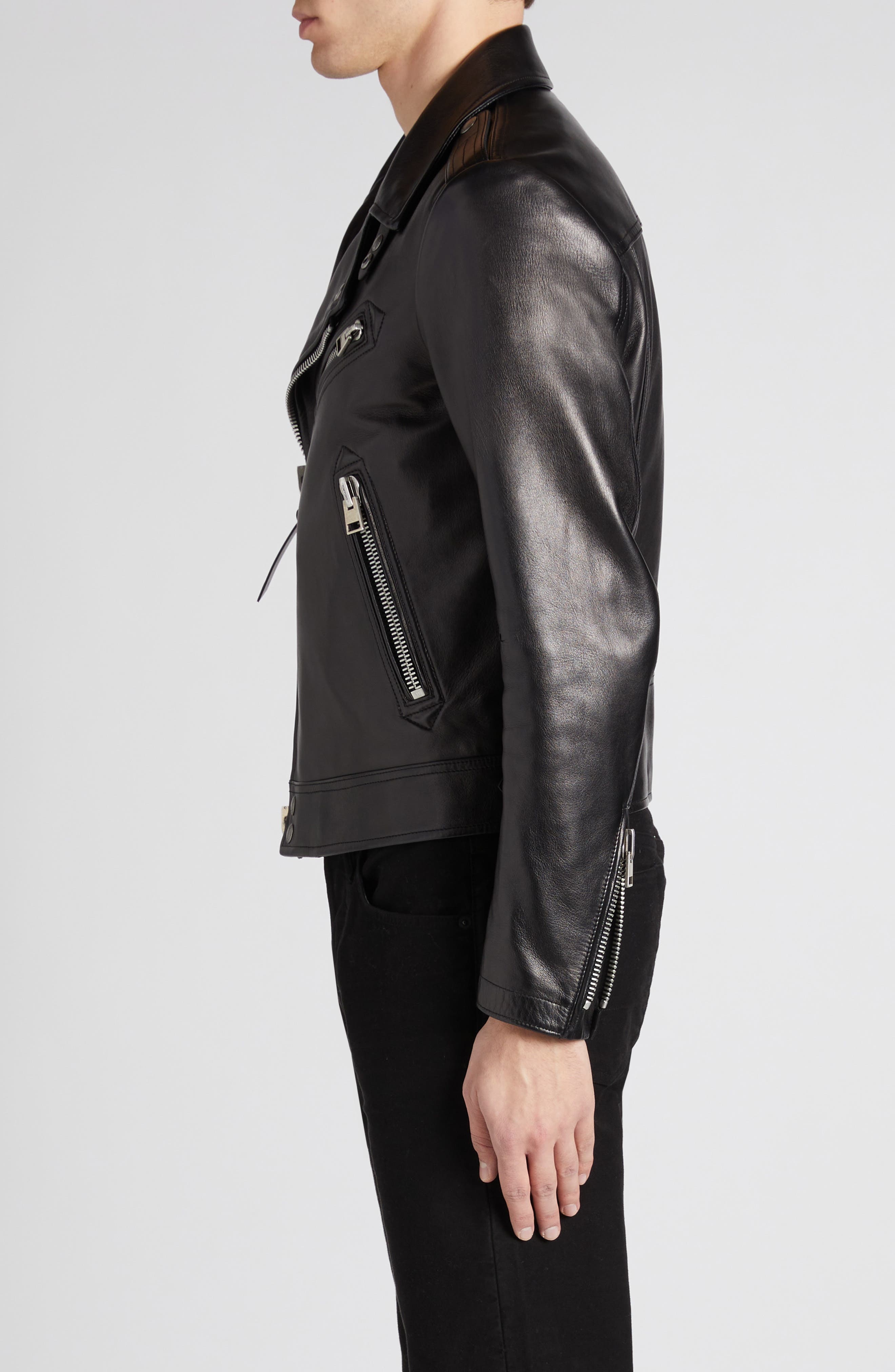 Quilted Lining Lambskin Leather Biker Jacket - 4