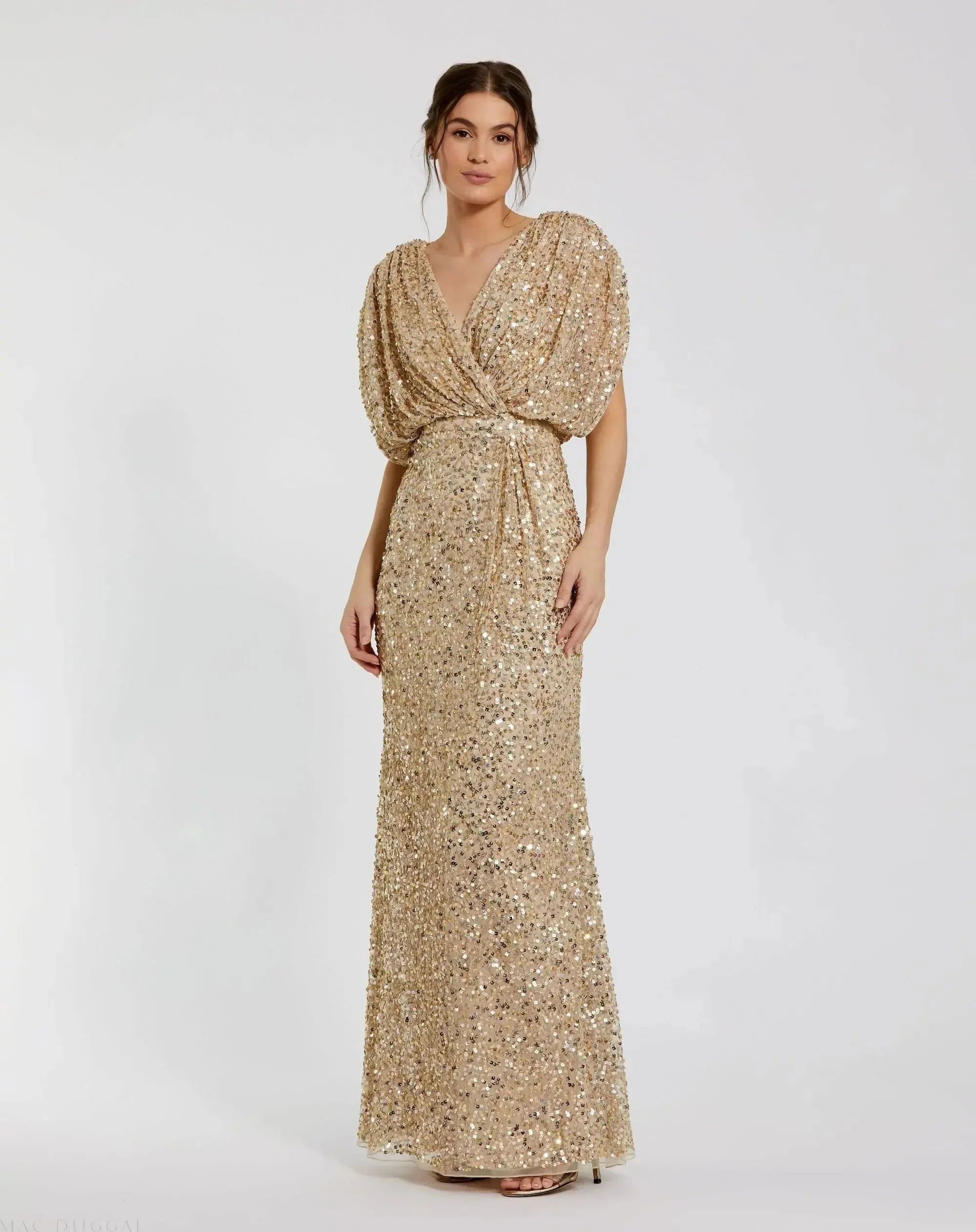 Nude Gold Sequin Draped Sleeve V-Neck Gown - 1